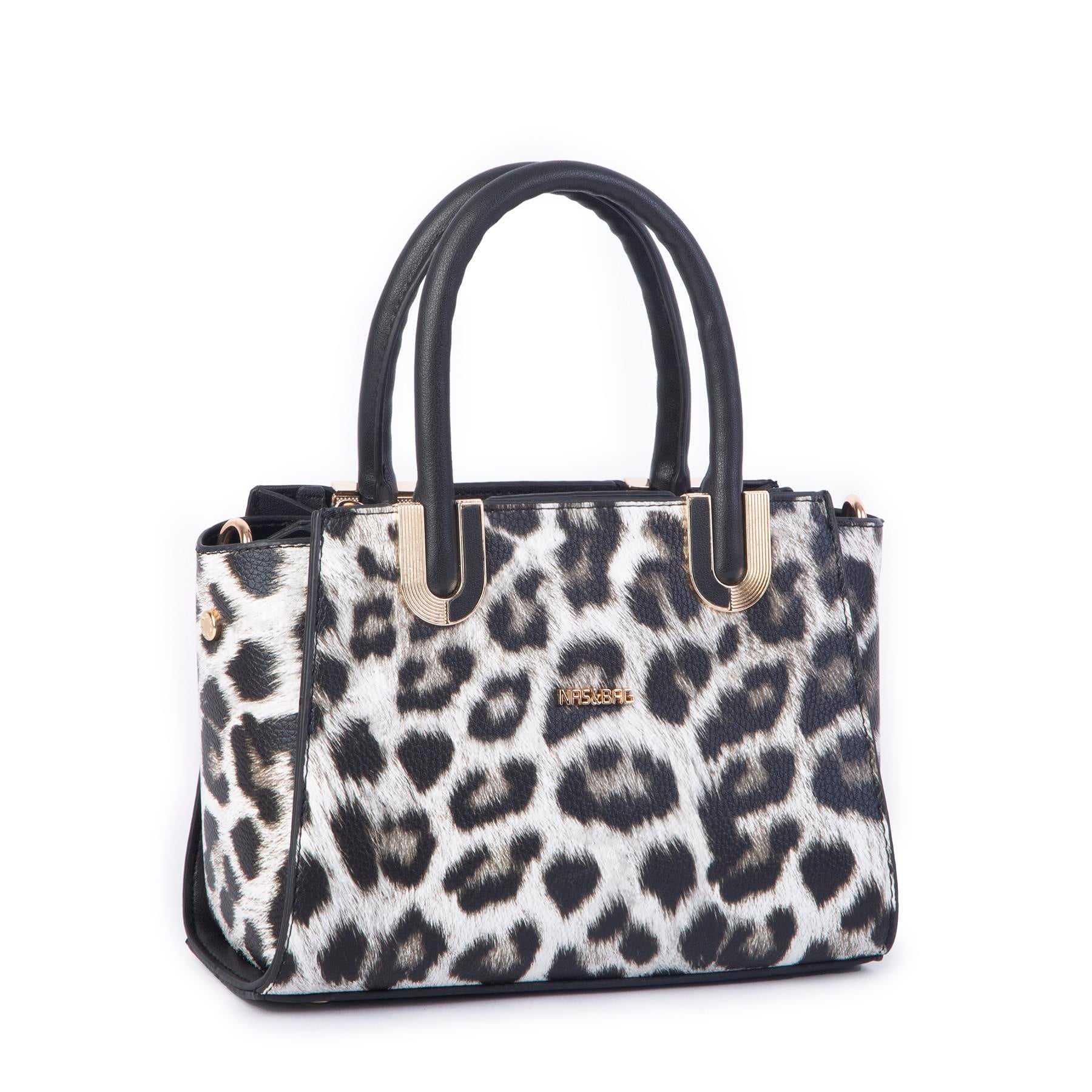 Nas Bag Kadın Midiboy Şık Üç Bölmeli  El ve Çapraz Çanta  Siyah Leopar  (23x17 cm)