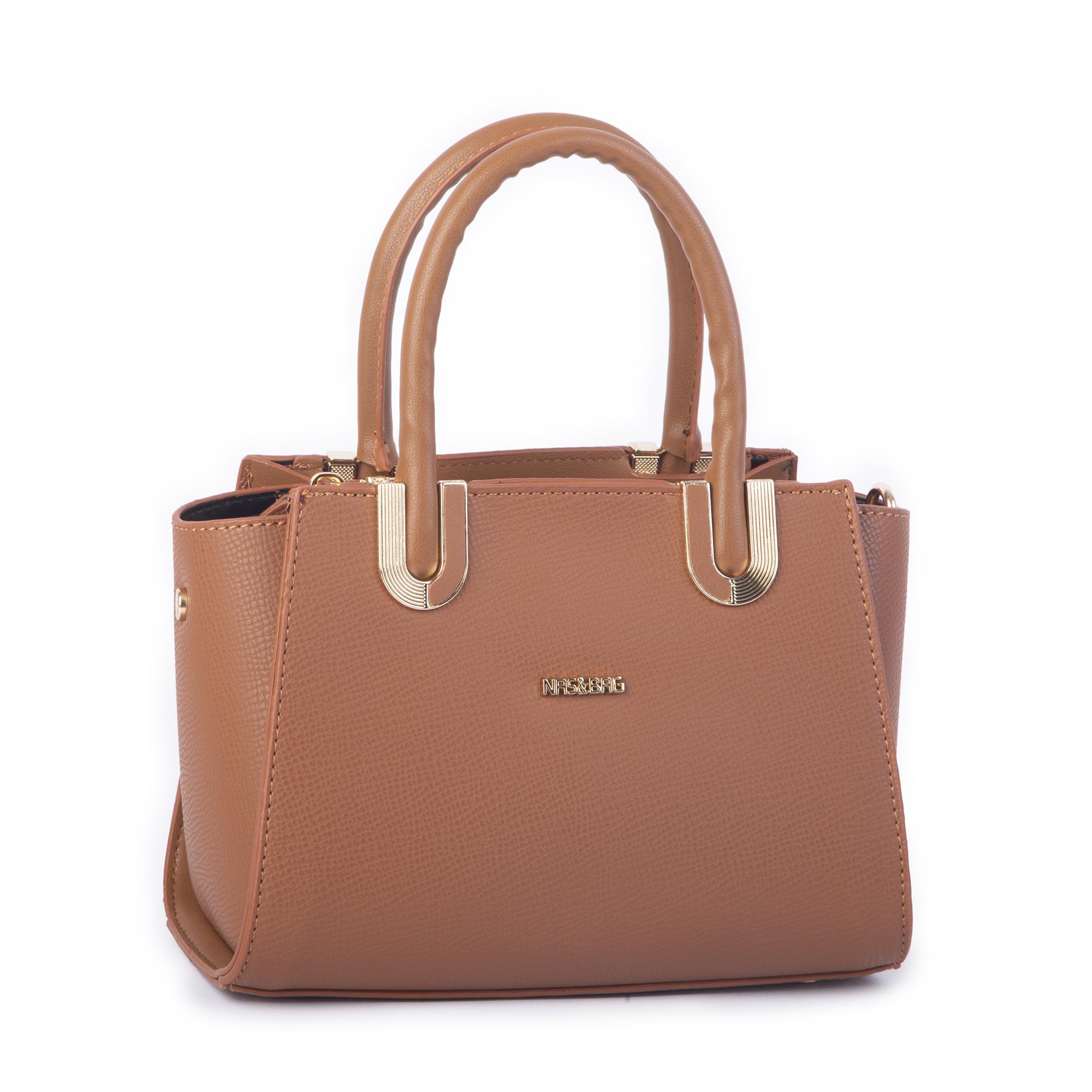 Nas Bag Kadın Midiboy Şık Üç Bölmeli  El ve Çapraz Çanta  Taba Liza  (23x17 cm)
