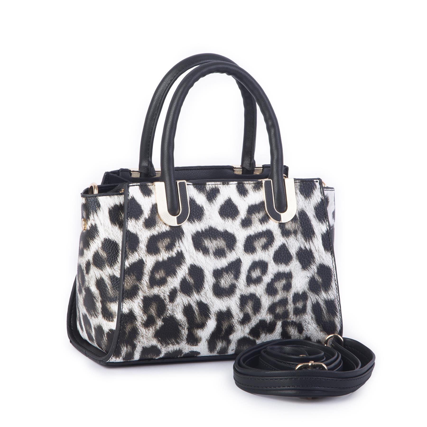 Nas Bag Kadın Midiboy Şık Üç Bölmeli  El ve Çapraz Çanta  Siyah Leopar  (23x17 cm)