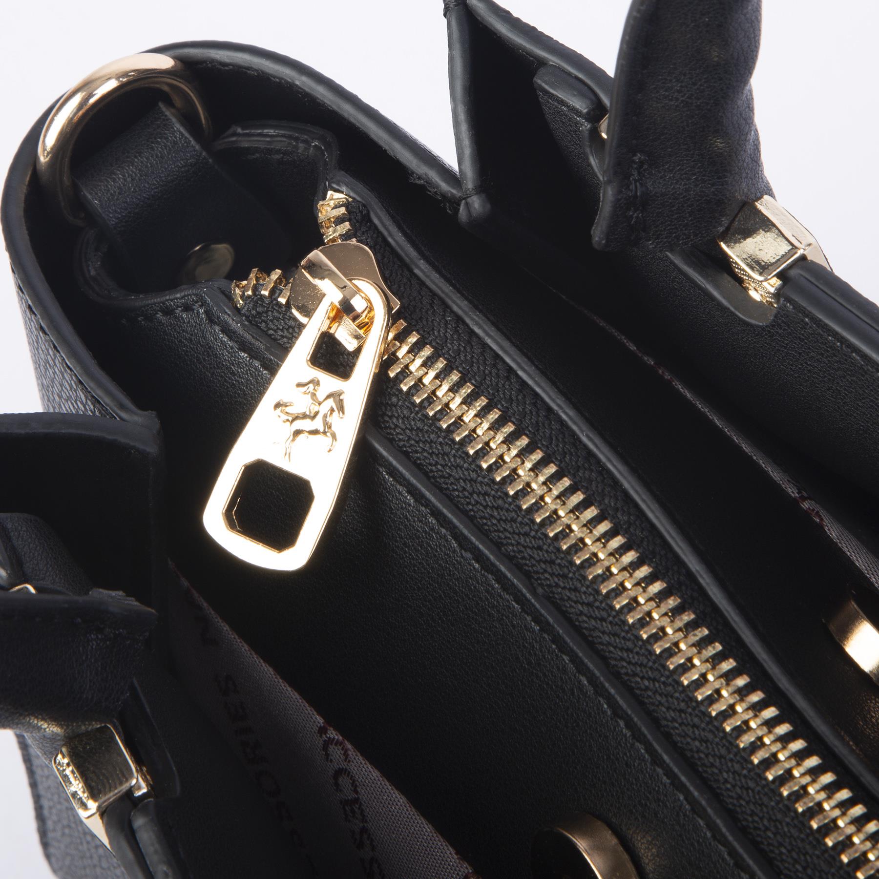 Nas Bag Kadın Midiboy Şık Üç Bölmeli  El ve Çapraz Çanta  Siyah Liza  (23x17 cm)