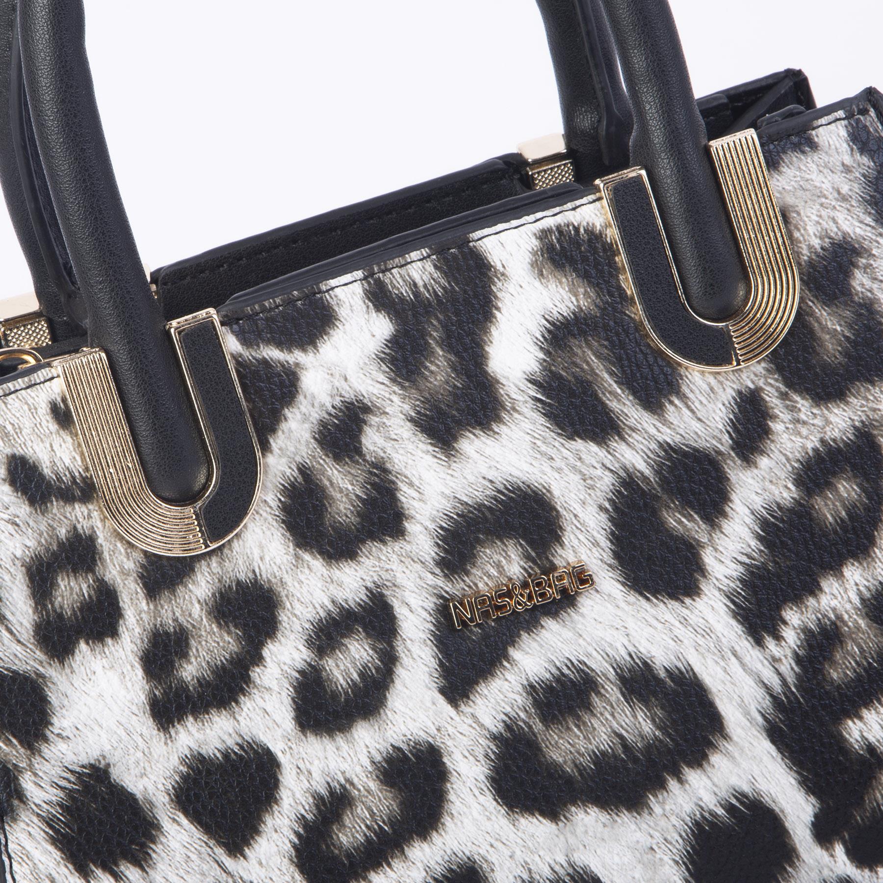 Nas Bag Kadın Midiboy Şık Üç Bölmeli  El ve Çapraz Çanta  Siyah Leopar  (23x17 cm)