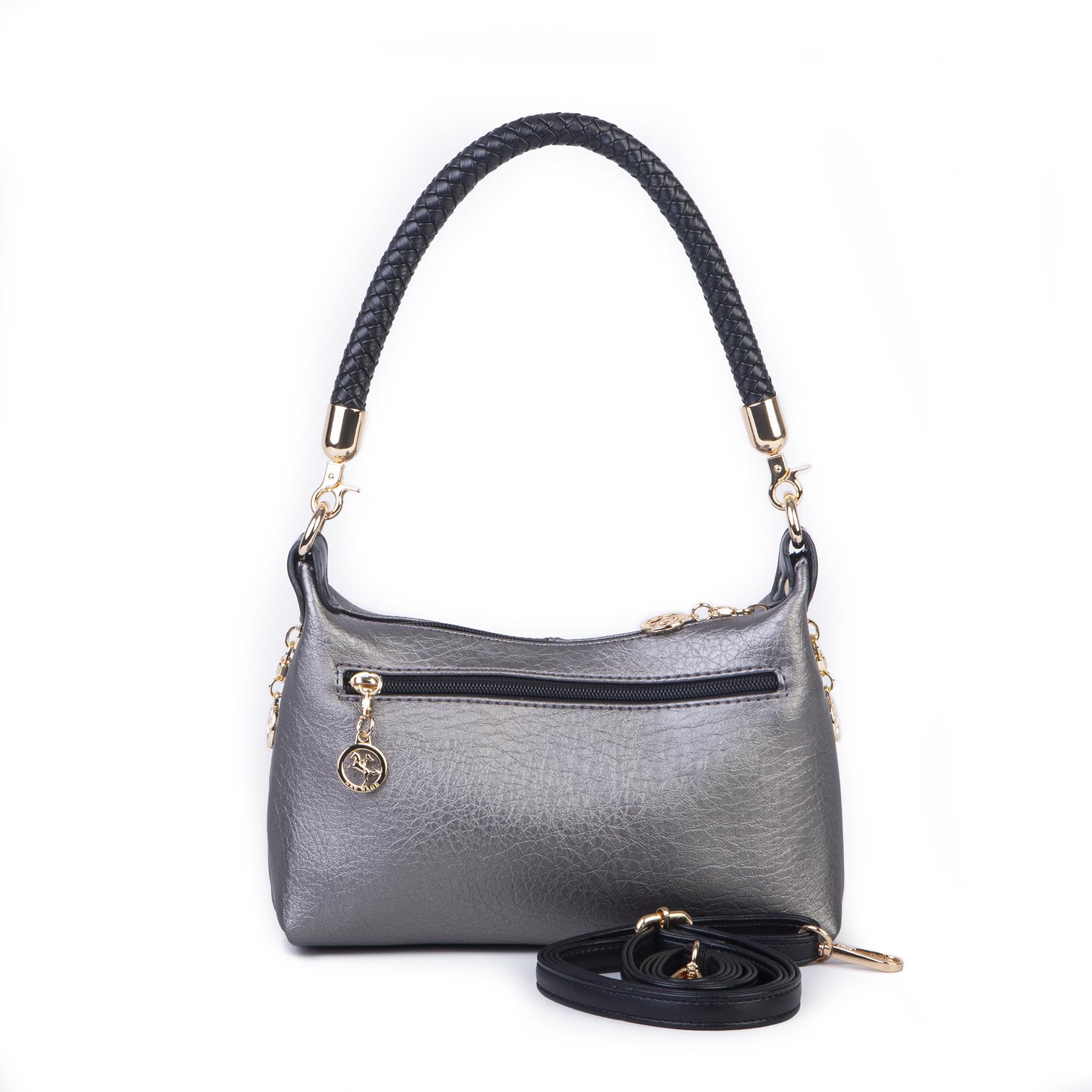 Nas Bag Kadın Mini Omuz ve Çapraz Çanta Örgülü Askılı (en: 23 cm , boy: 14 cm) Gri Siyah Victoria