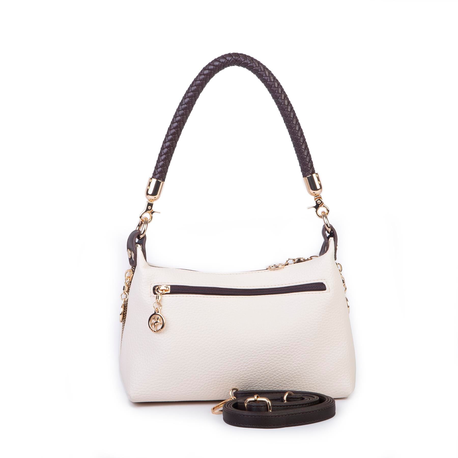 Nas Bag Kadın Mini Omuz ve Çapraz Çanta Örgülü Askılı (en: 23 cm , boy: 14 cm) Krem Kahve Lopez