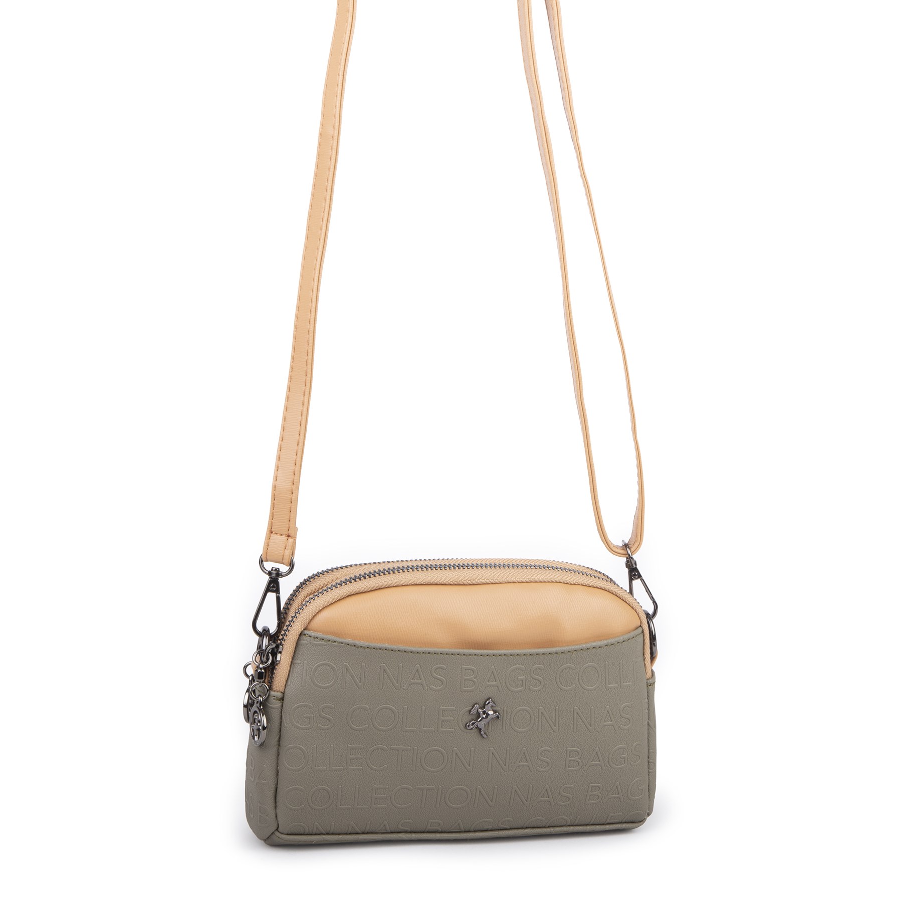 Nas Bag Kadın Mini  Şık Çapraz Çanta  Yeşil Camel Gofraj