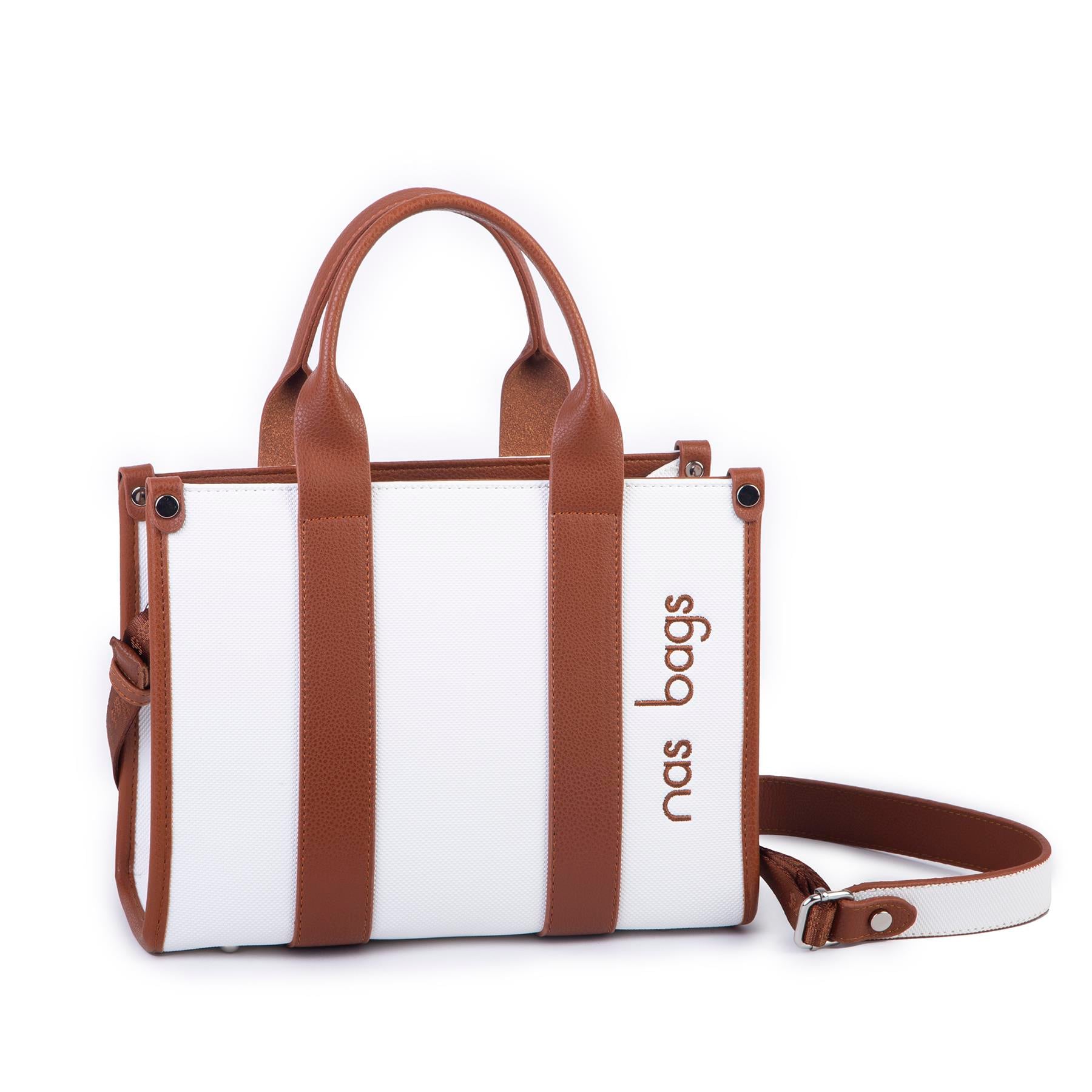Nas Bag Kadın Mini Tote Suni Deri El ve Omuz Çantası Beyaz Taba Lacst