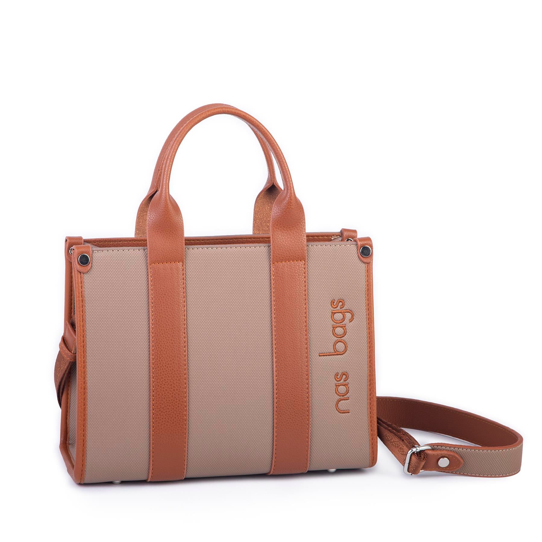 Nas Bag Kadın Mini Tote Suni Deri El ve Omuz Çantası Vizon Taba Lacste