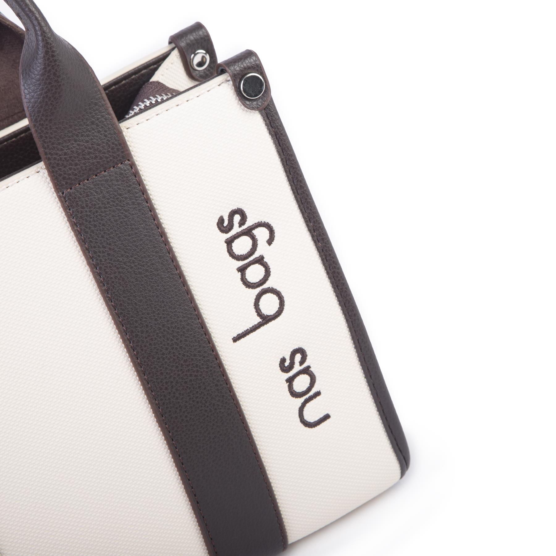Nas Bag Kadın Mini Tote Suni Deri El ve Omuz Çantası Krem Kahve Lacst