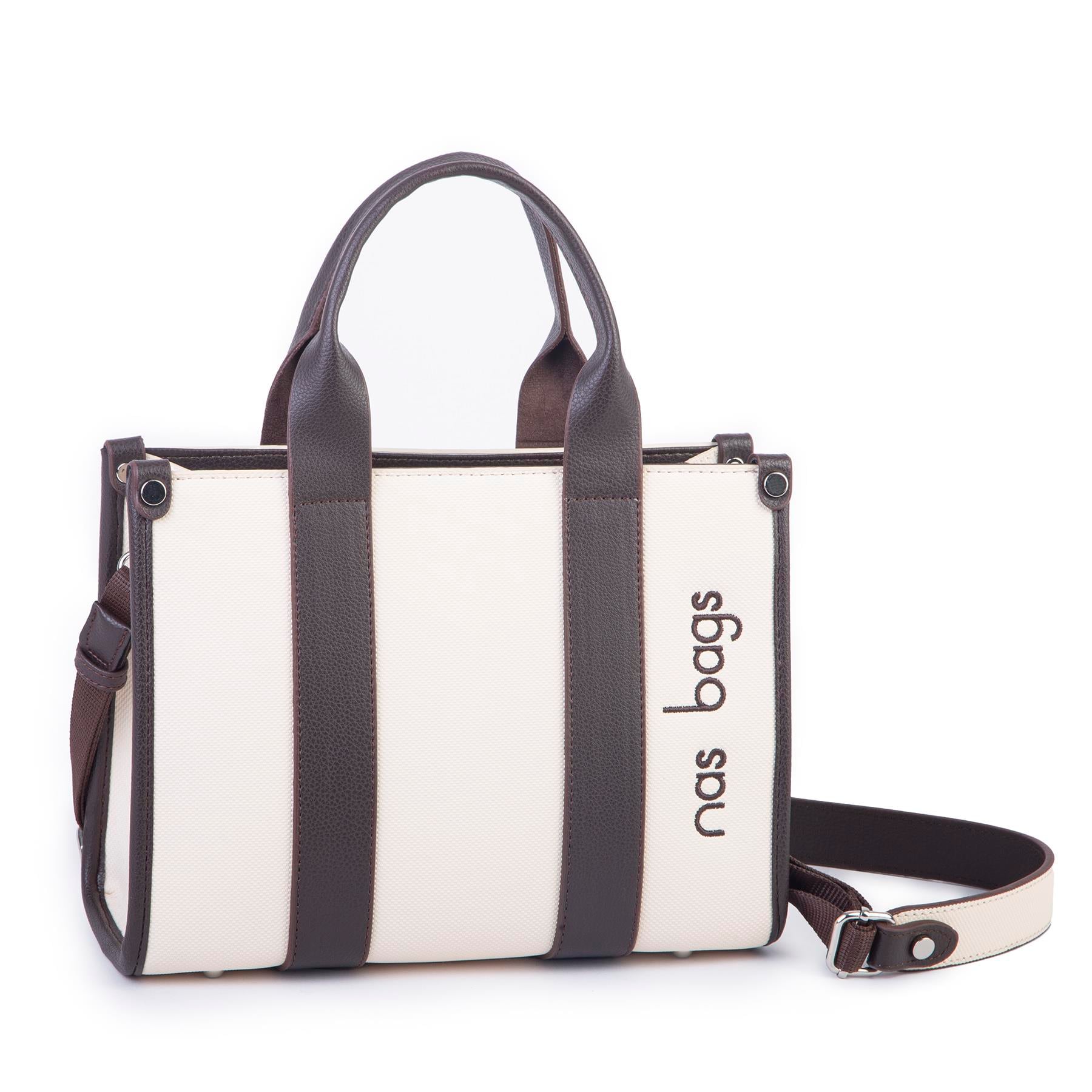 Nas Bag Kadın Mini Tote Suni Deri El ve Omuz Çantası Krem Kahve Lacst