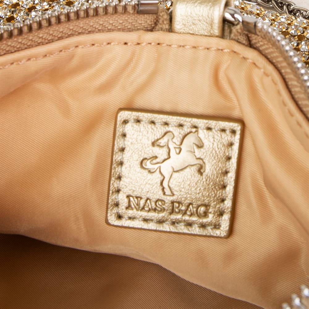 Nas Bag Kadın Çapraz  Çantası Gold Diamond Altın Taşlı Şık Çift  Askılı Üçgen Çanta