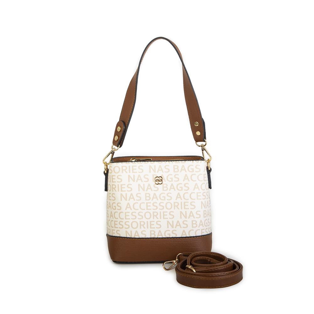 Nas Bag Kadın Mini Omuz ve Çapraz Çantası Krem Taba Yazılı(en: 19 cm ,boy:19 cm)