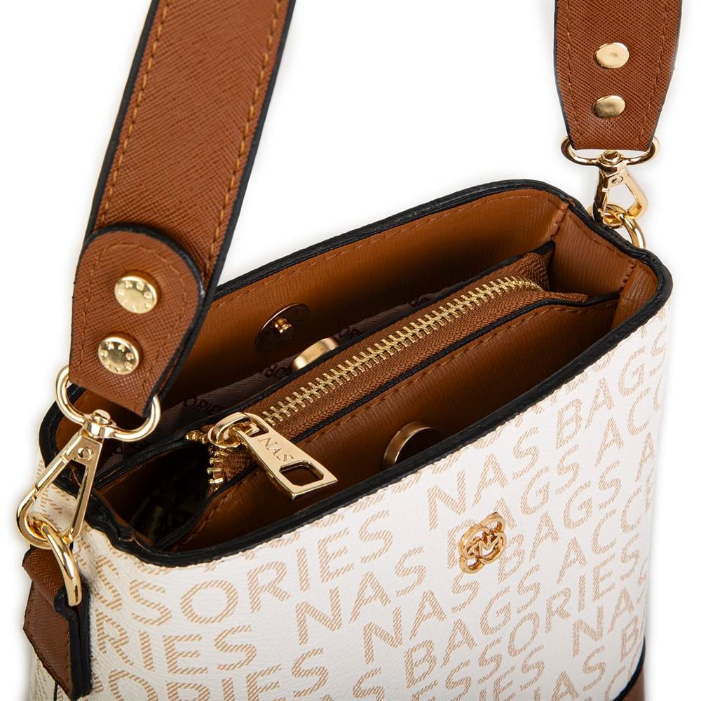 Nas Bag Kadın Mini Omuz ve Çapraz Çantası Krem Taba Yazılı(en: 19 cm ,boy:19 cm)