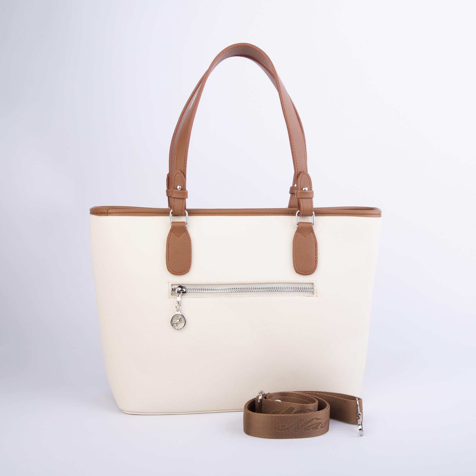 Nas Bag Kadın Omuz Çantası Spor Şık Ayarlanabilir Omuz Askılı Krem Taba Kahve Lacst (33x27x12 cm )