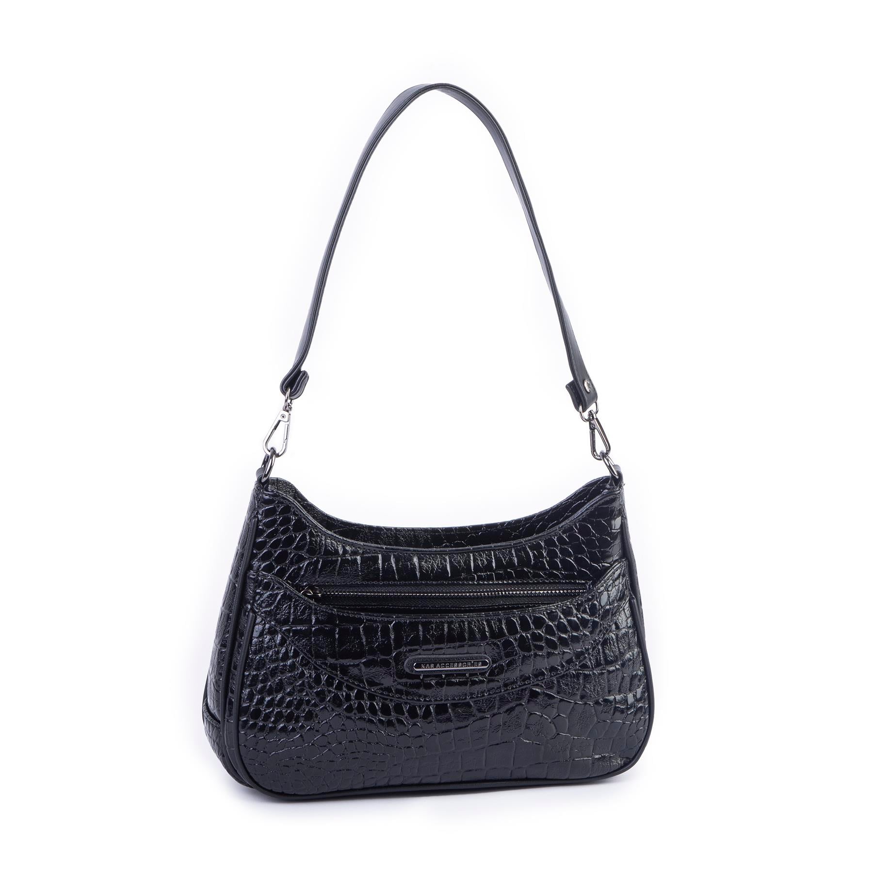 Nas Bag Kadın Omuz ve Çapraz Baget Çanta Siyah Kroko ( 28x17  cm)