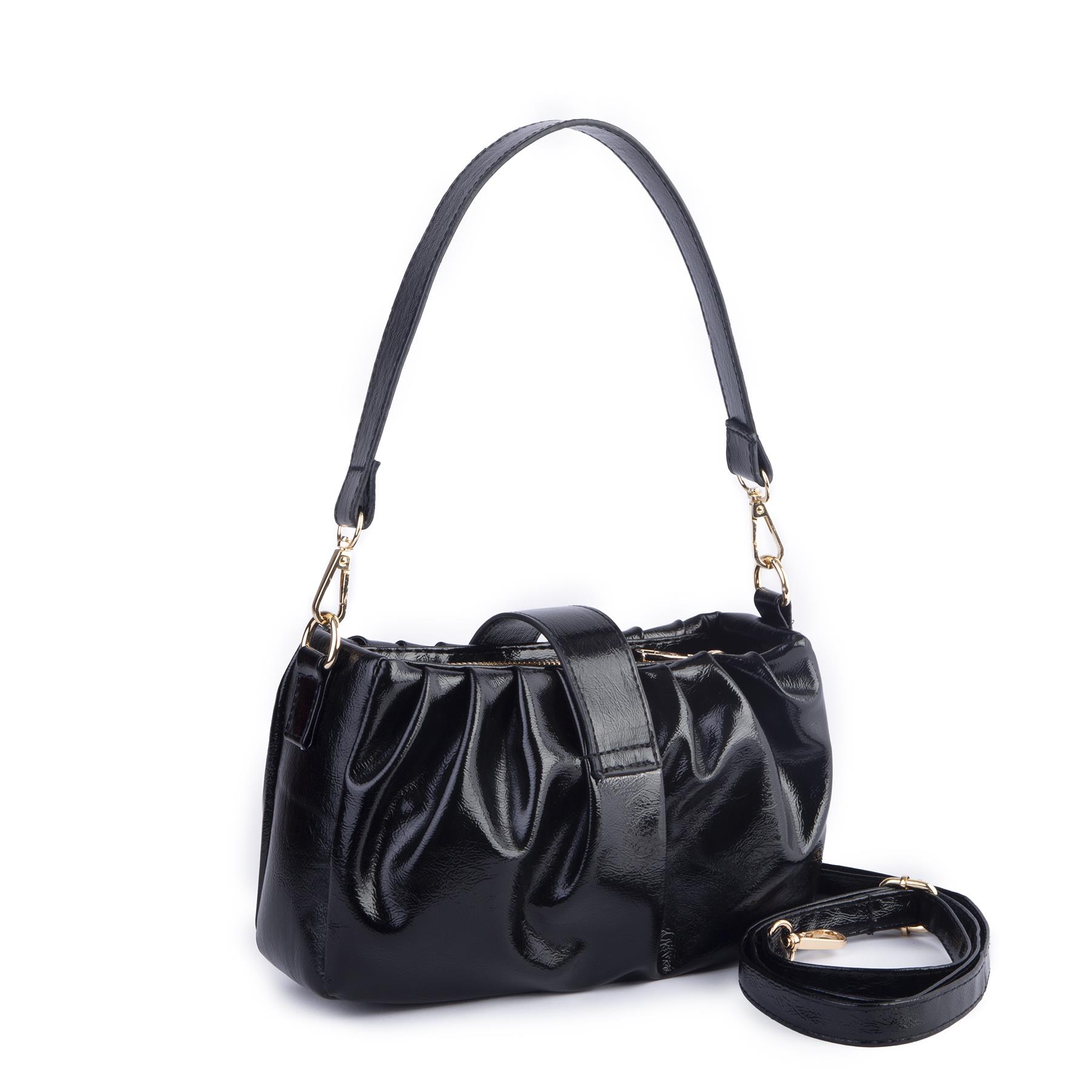Nas Bag Kadın Omuz ve Çapraz Çanta Çift Askılı Siyah  Krşk Rugan  (24x18cm)