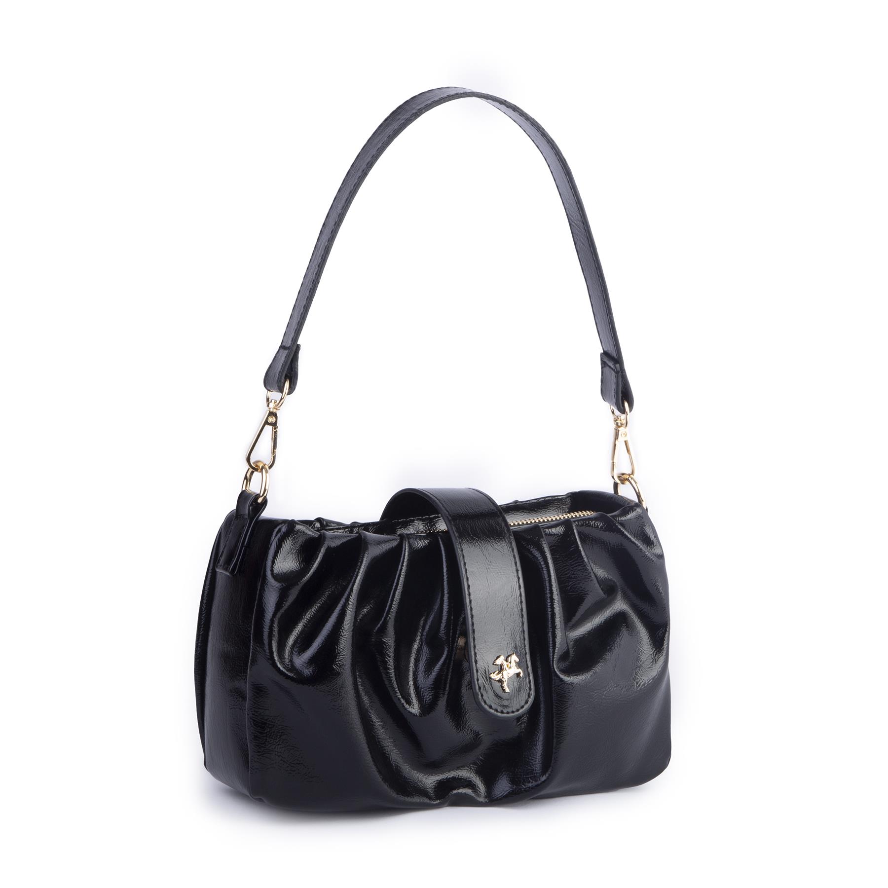 Nas Bag Kadın Omuz ve Çapraz Çanta Çift Askılı Siyah  Krşk Rugan  (24x18cm)