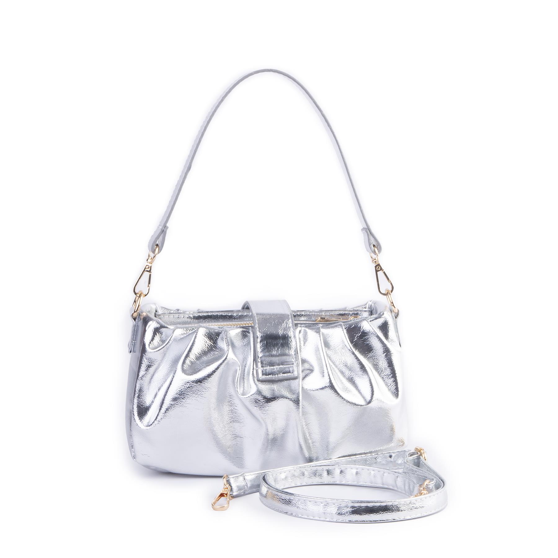 Nas Bag Kadın Omuz ve Çapraz Çanta Çift Askılı Gümüş Krşk Rugan  (24x18cm)