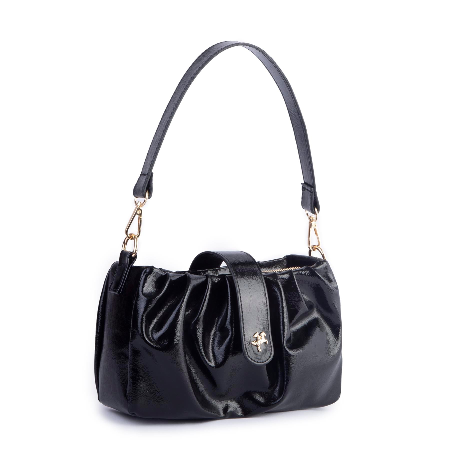 Nas Bag Kadın Omuz ve Çapraz Çanta Çift Askılı Siyah  Krşk Rugan  (24x18cm)
