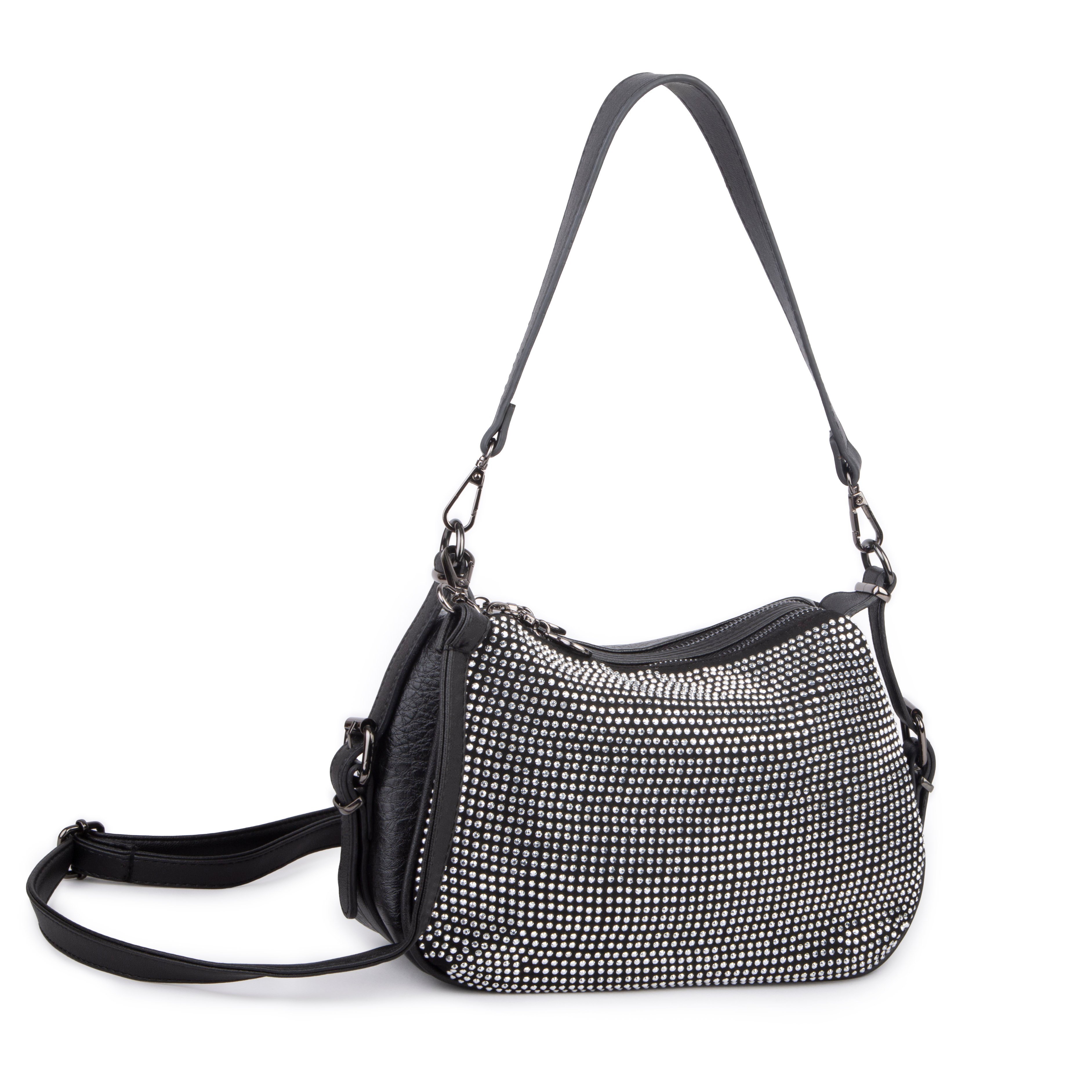 Nas Bag Kadın Omuz ve Çapraz Çanta Çok Gözlü Şık Tasarım (28x18 cm) Siyah Gümüş Taşlı