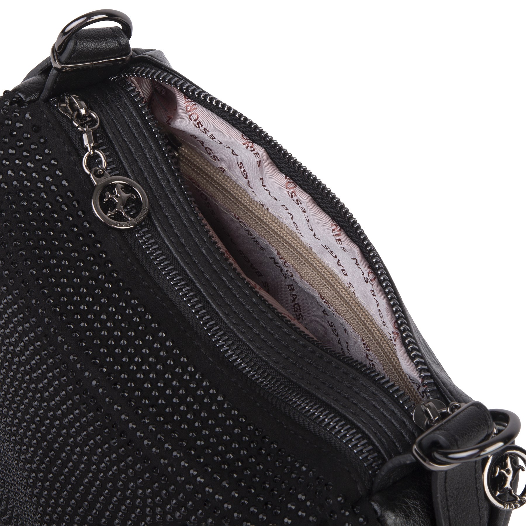 Nas Bag Kadın Omuz ve Çapraz Çanta Çok Gözlü Şık Tasarım (28x18 cm) Siyah  Taşlı