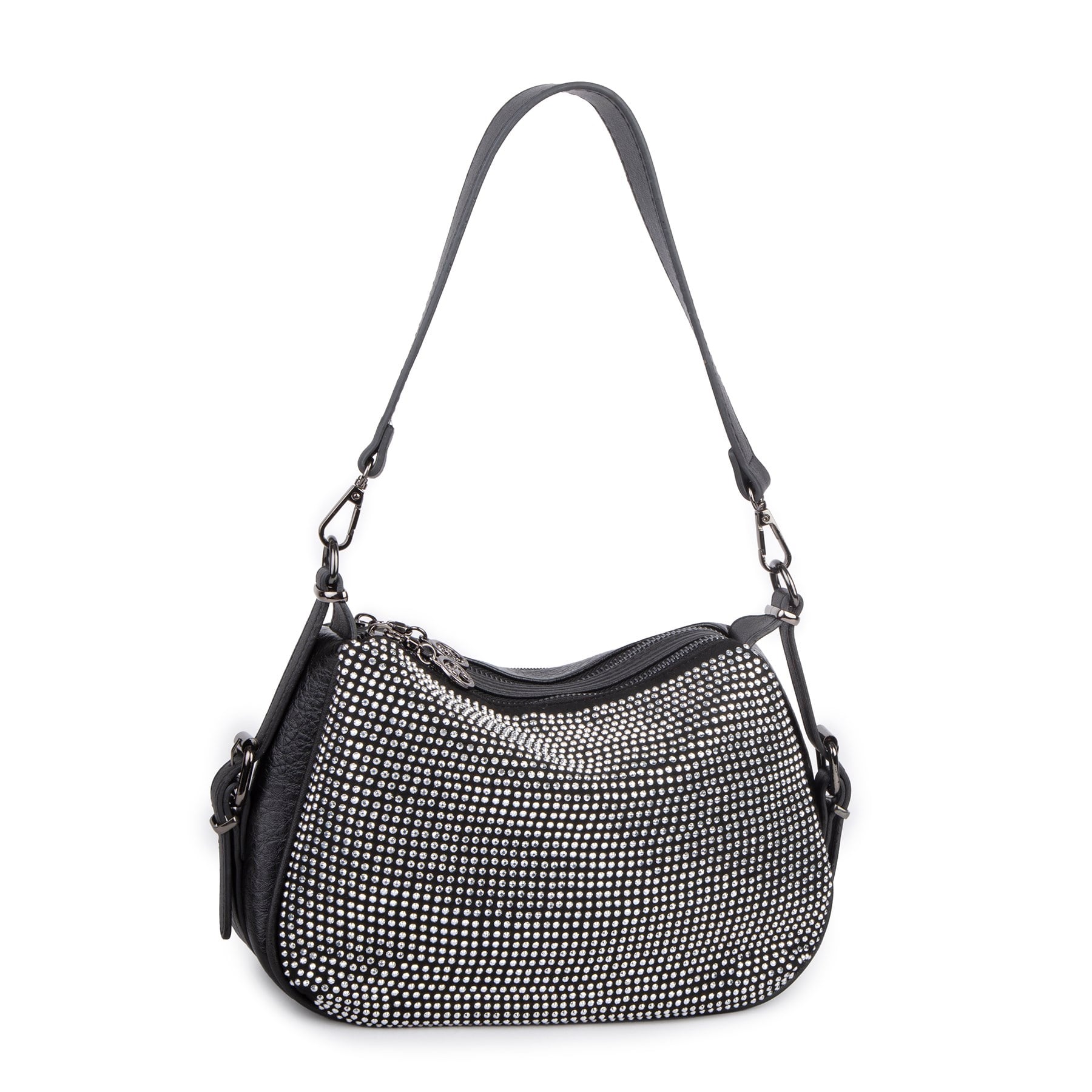 Nas Bag Kadın Omuz ve Çapraz Çanta Çok Gözlü Şık Tasarım (28x18 cm) Siyah Gümüş Taşlı