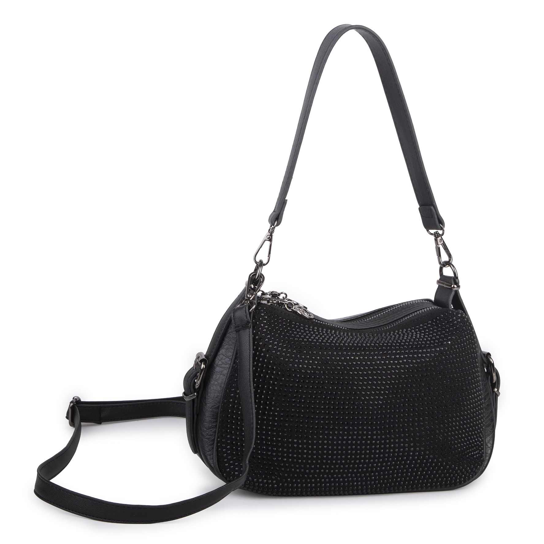 Nas Bag Kadın Omuz ve Çapraz Çanta Çok Gözlü Şık Tasarım (28x18 cm) Siyah  Taşlı