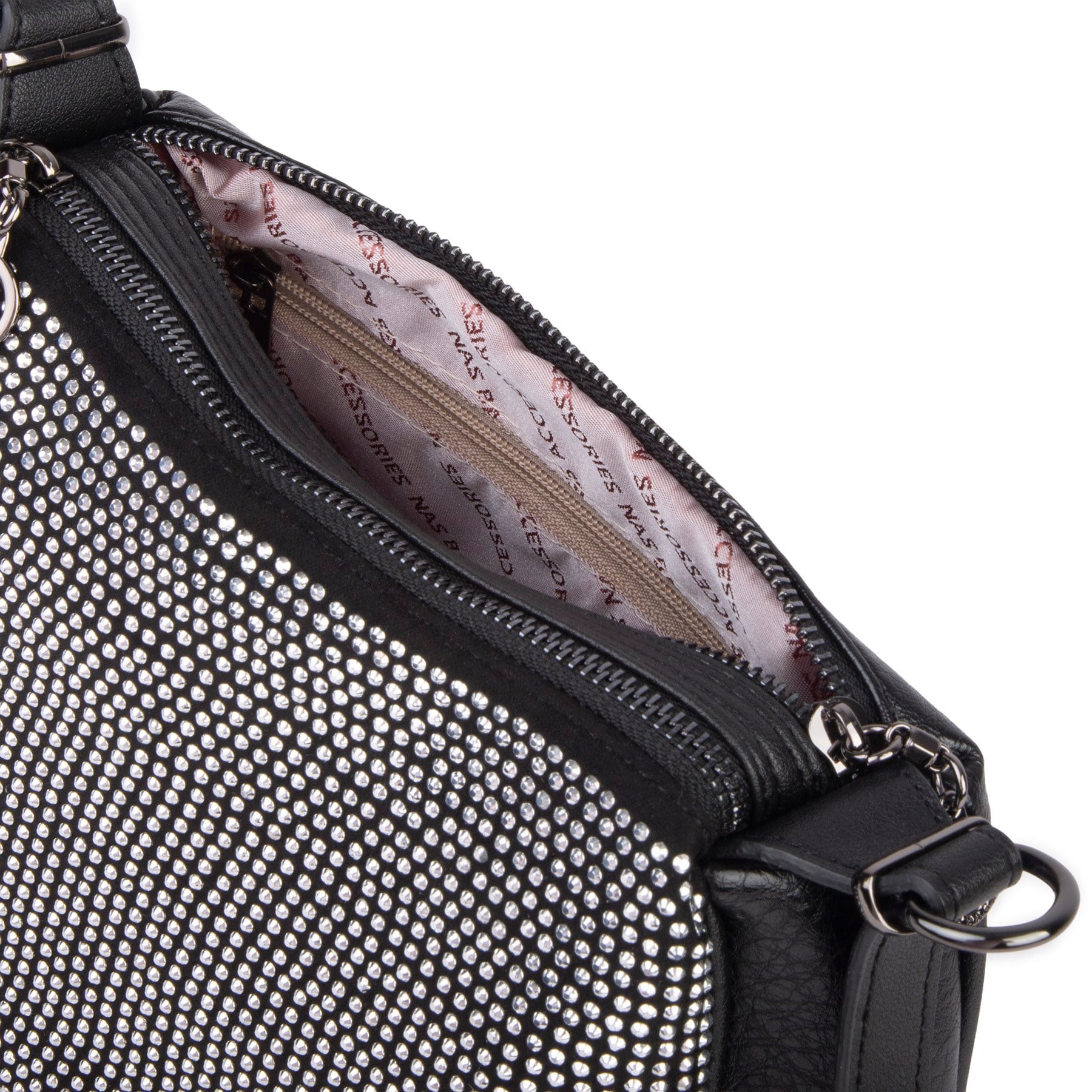 Nas Bag Kadın Omuz ve Çapraz Çanta Çok Gözlü Şık Tasarım (28x18 cm) Siyah Gümüş Taşlı