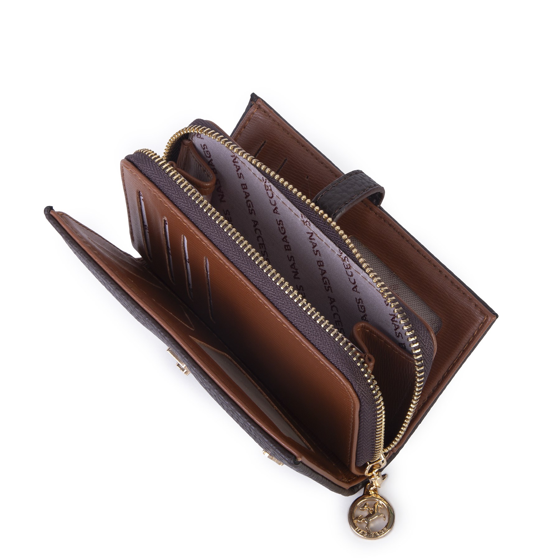 Nas Bag Kadın Orta Boy Kartlık Kağıt Para ve Bozuk Para Tasarımına Sahip Kahve Lopez [16x9 cm]