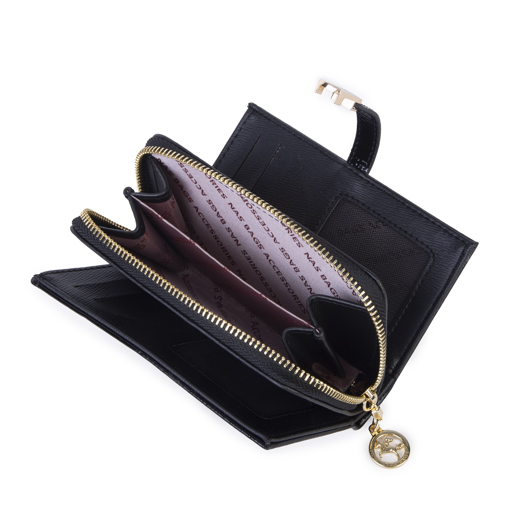 Nas Bag Kadın Orta Boy Kartlık Kağıt Para ve Bozuk Para Tasarımına Sahip Siyah Rugan [16x9 cm]