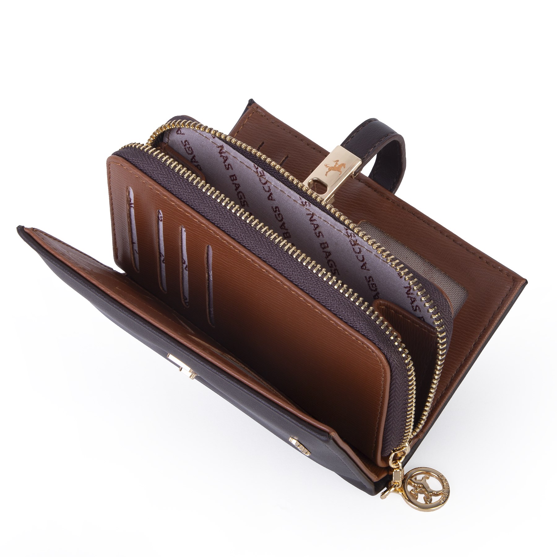 Nas Bag Kadın Orta Boy Kartlık Kağıt Para ve Bozuk Para Tasarımına Sahip Kahve Taba Dona [16x9 cm]