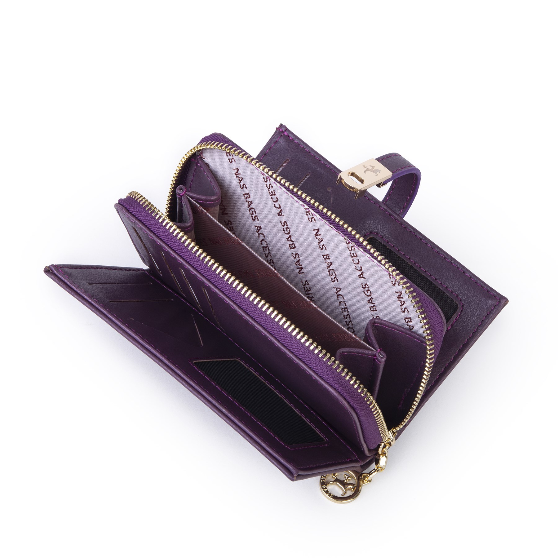 Nas Bag Kadın Orta Boy Kartlık Kağıt Para ve Bozuk Para Tasarımına Sahip Mor Dona [16x9 cm]
