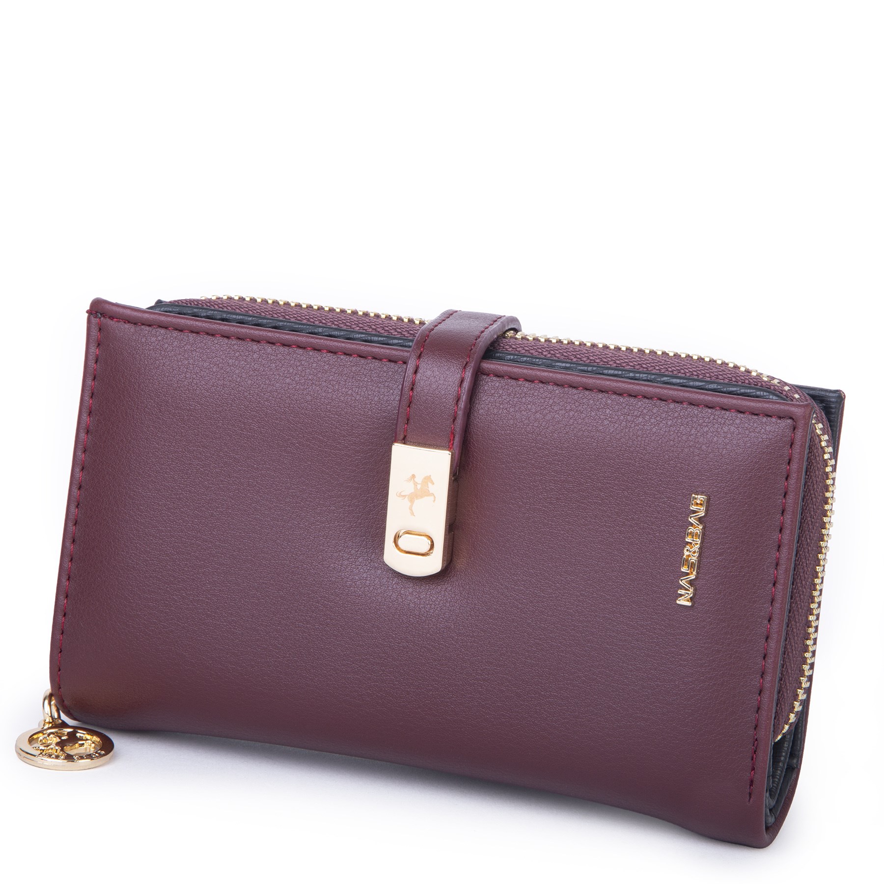 Nas Bag Kadın Orta Boy Kartlık Kağıt Para ve Bozuk Para Tasarımına Sahip Bordo Dona [16x9 cm]