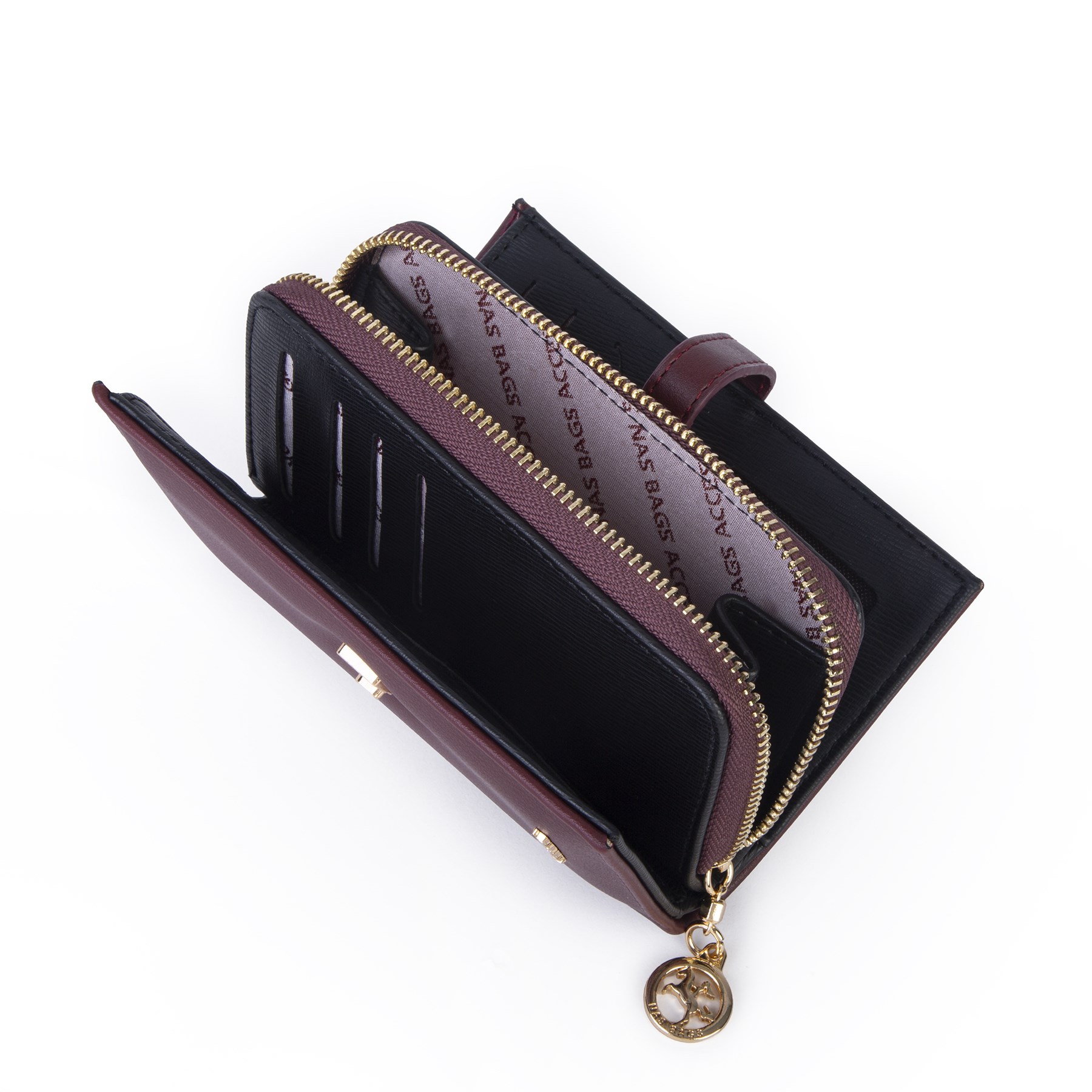 Nas Bag Kadın Orta Boy Kartlık Kağıt Para ve Bozuk Para Tasarımına Sahip Bordo Dona [16x9 cm]