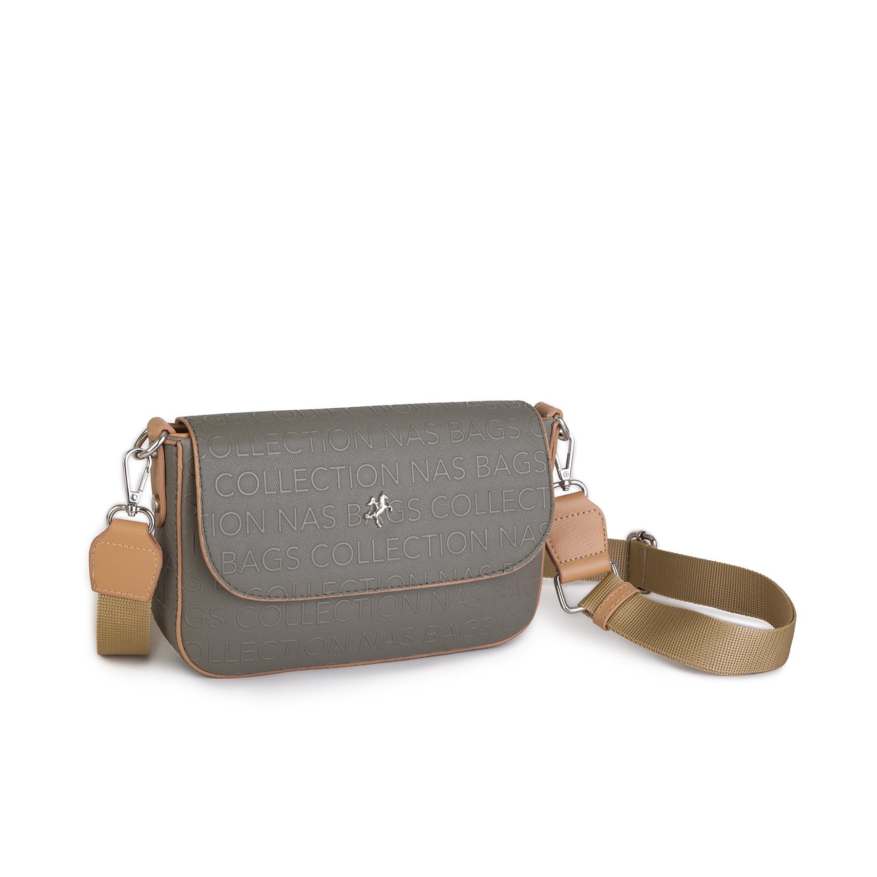 Nas Bag Kadın Postacı Çantası Çift Askılı Yeşil Camel Gofraj (22x16x5 cm)