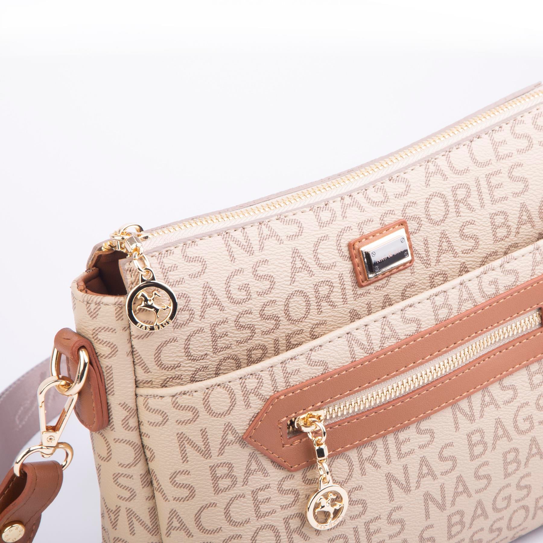 Nas Bag Kadın Postacı Çapraz Çanta Vizon Taba Yazılı (en 25 cm ; boy 22 cm )