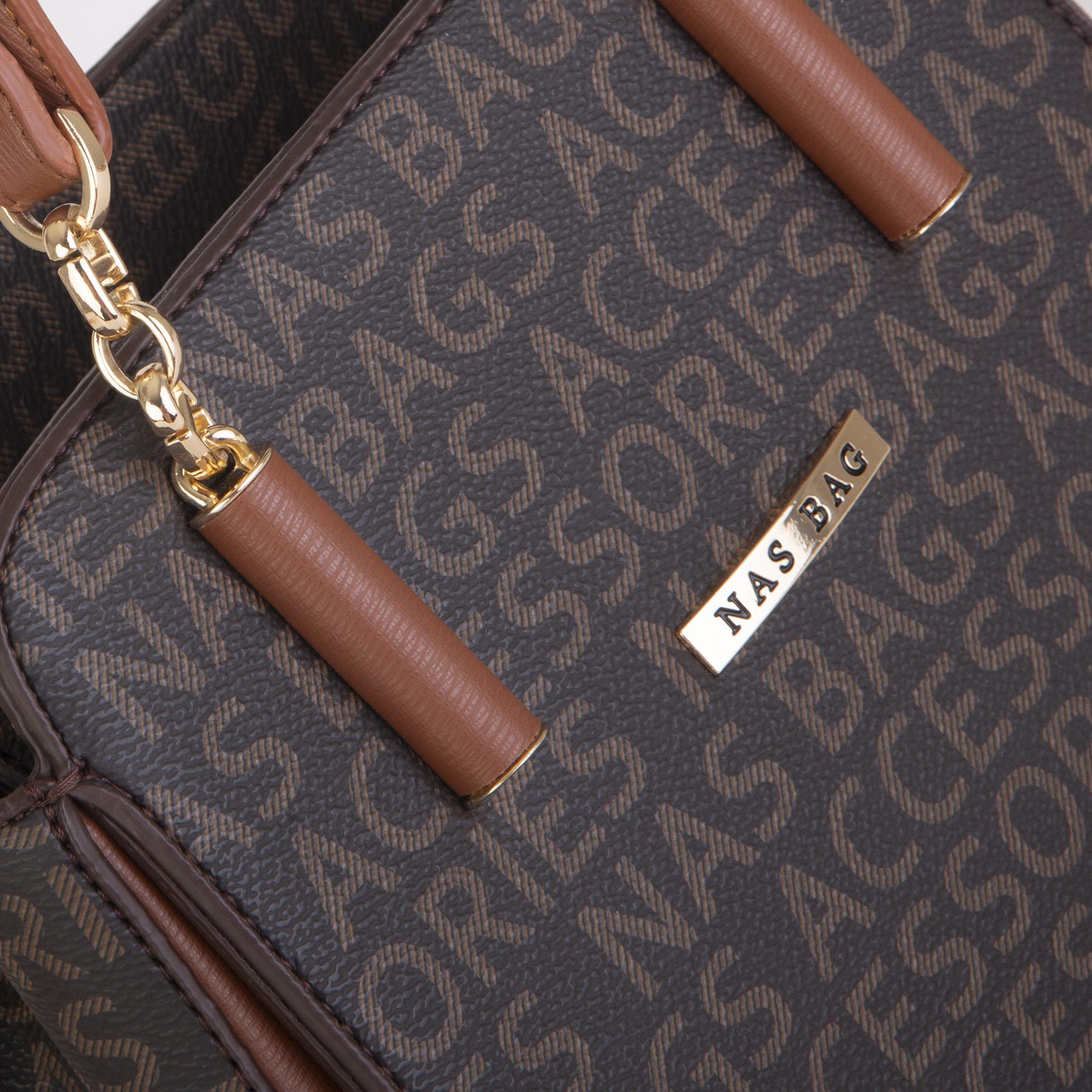 Nas Bag Kadın Sade ve Şık El ve Omuz Çantası Kahve Taba  Yazılı  (Ölçüsü:24x21x16)