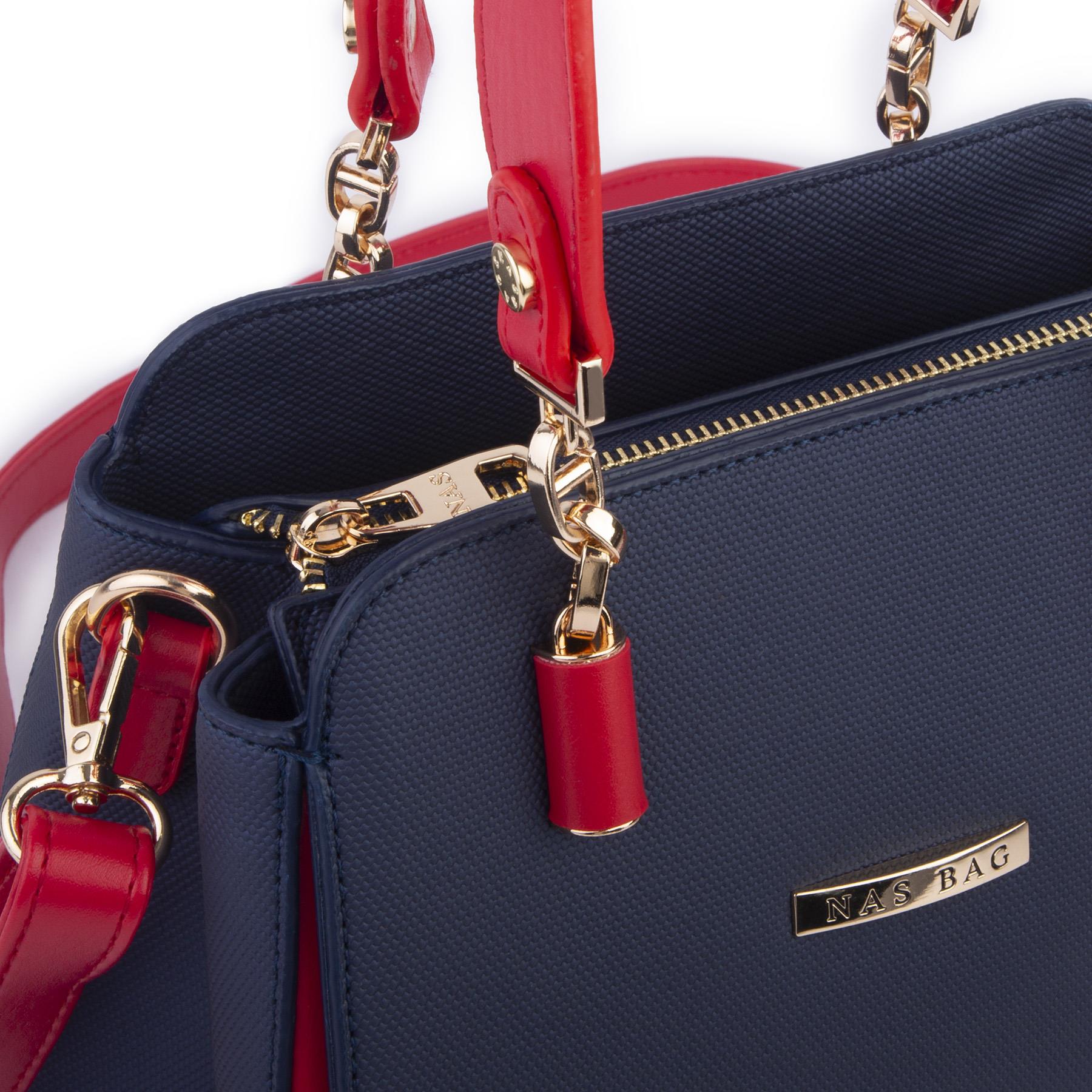 Nas Bag Kadın Sade ve Şık El ve Omuz Çantası Lacivert Kırmızı  Lacst  (Ölçüsü:24x21x16)