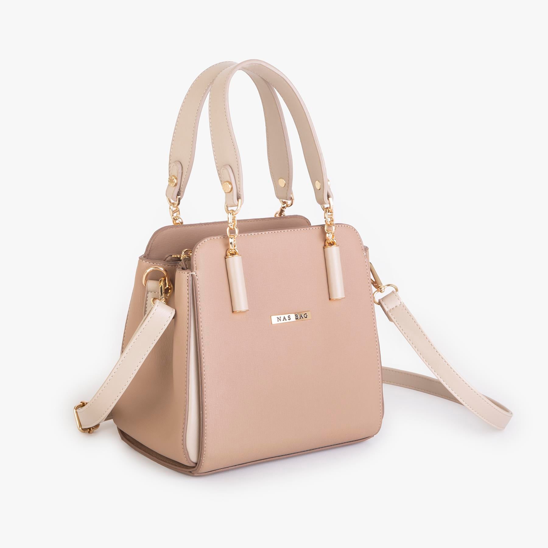 Nas Bag Kadın Sade ve Şık El ve Omuz Çantası Kum Mngo  (Ölçüsü:24x21x16)