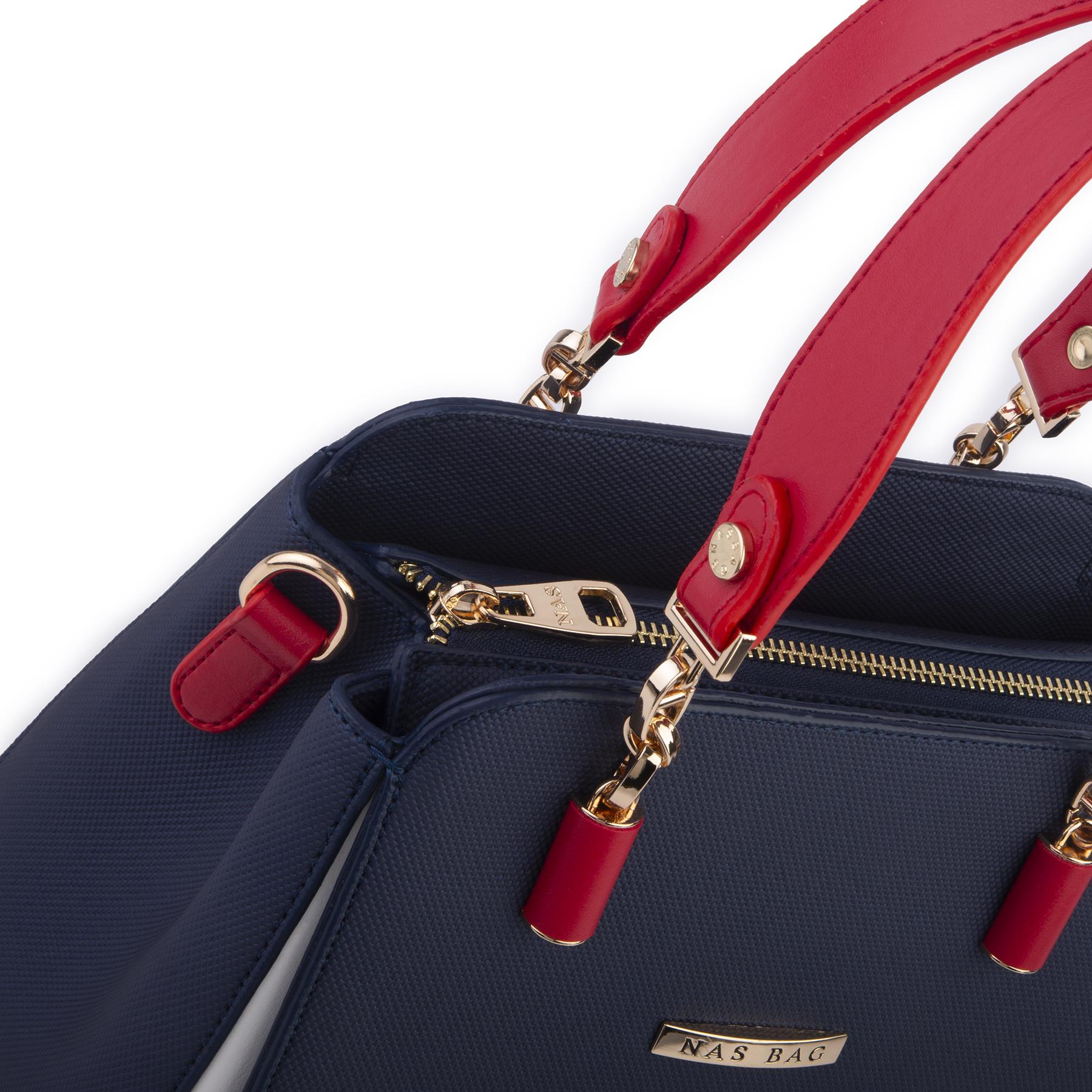Nas Bag Kadın Sade ve Şık El ve Omuz Çantası Lacivert Kırmızı Beyaz  Lacst  (Ölçüsü:24x21x16)