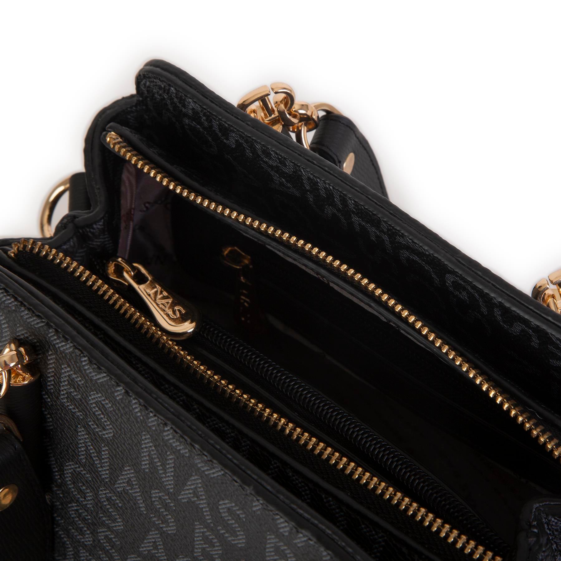 Nas Bag Kadın Sade ve Şık El ve Omuz Çantası Siyah Yazılı  (Ölçüsü:24x21x16)