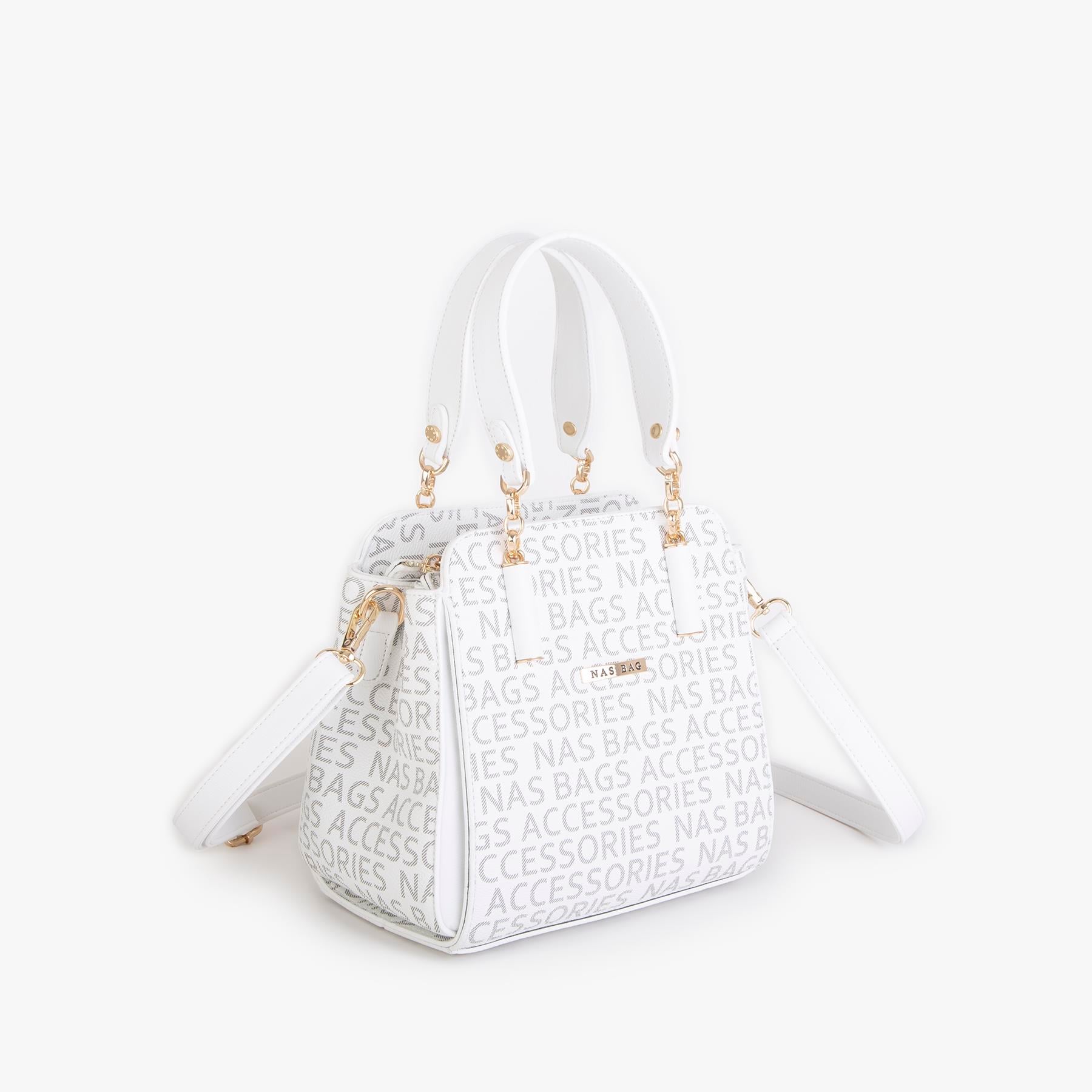 Nas Bag Kadın Sade ve Şık El ve Omuz Çantası Beyaz  Yazılı  (Ölçüsü:24x21x16)