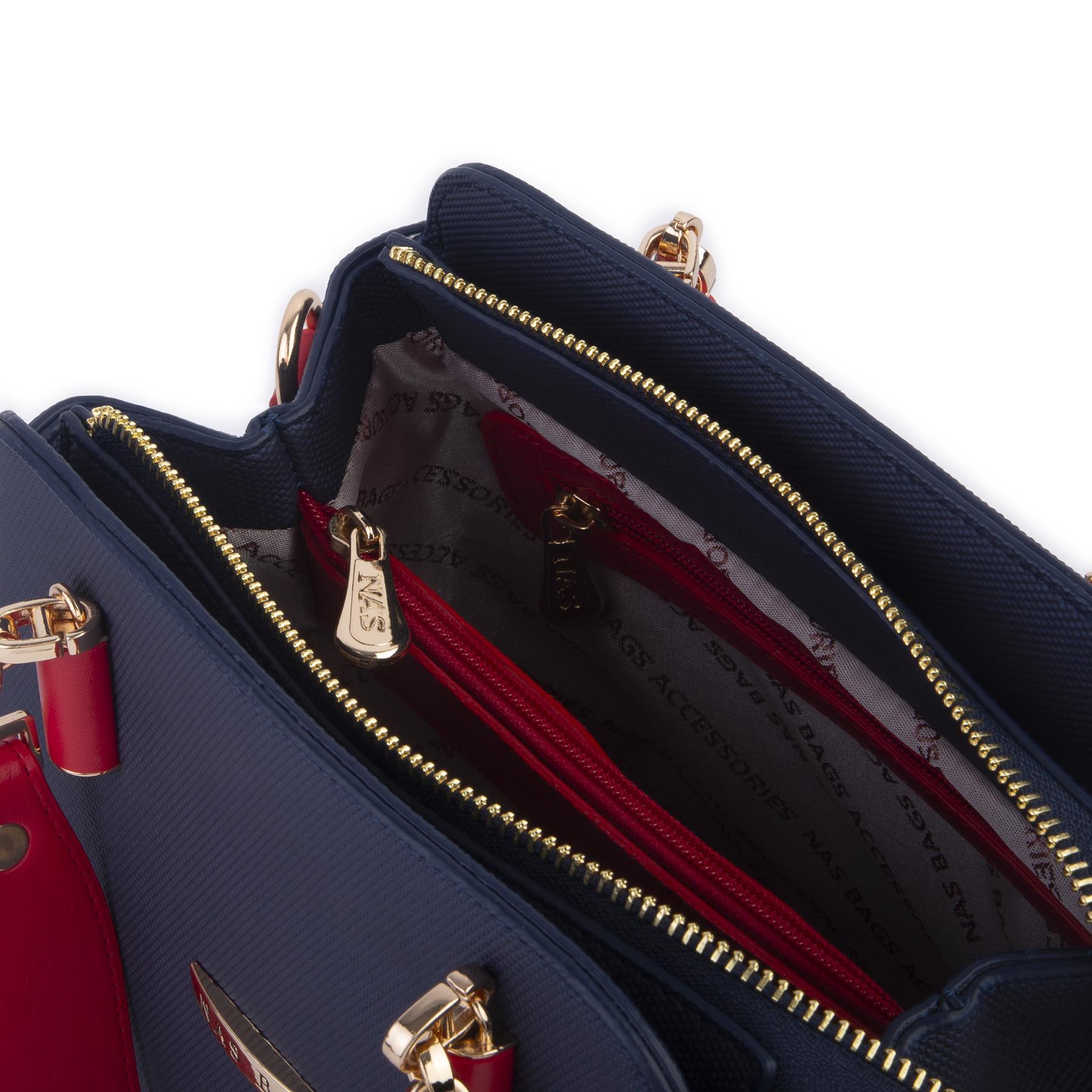 Nas Bag Kadın Sade ve Şık El ve Omuz Çantası Lacivert Kırmızı Beyaz  Lacst  (Ölçüsü:24x21x16)