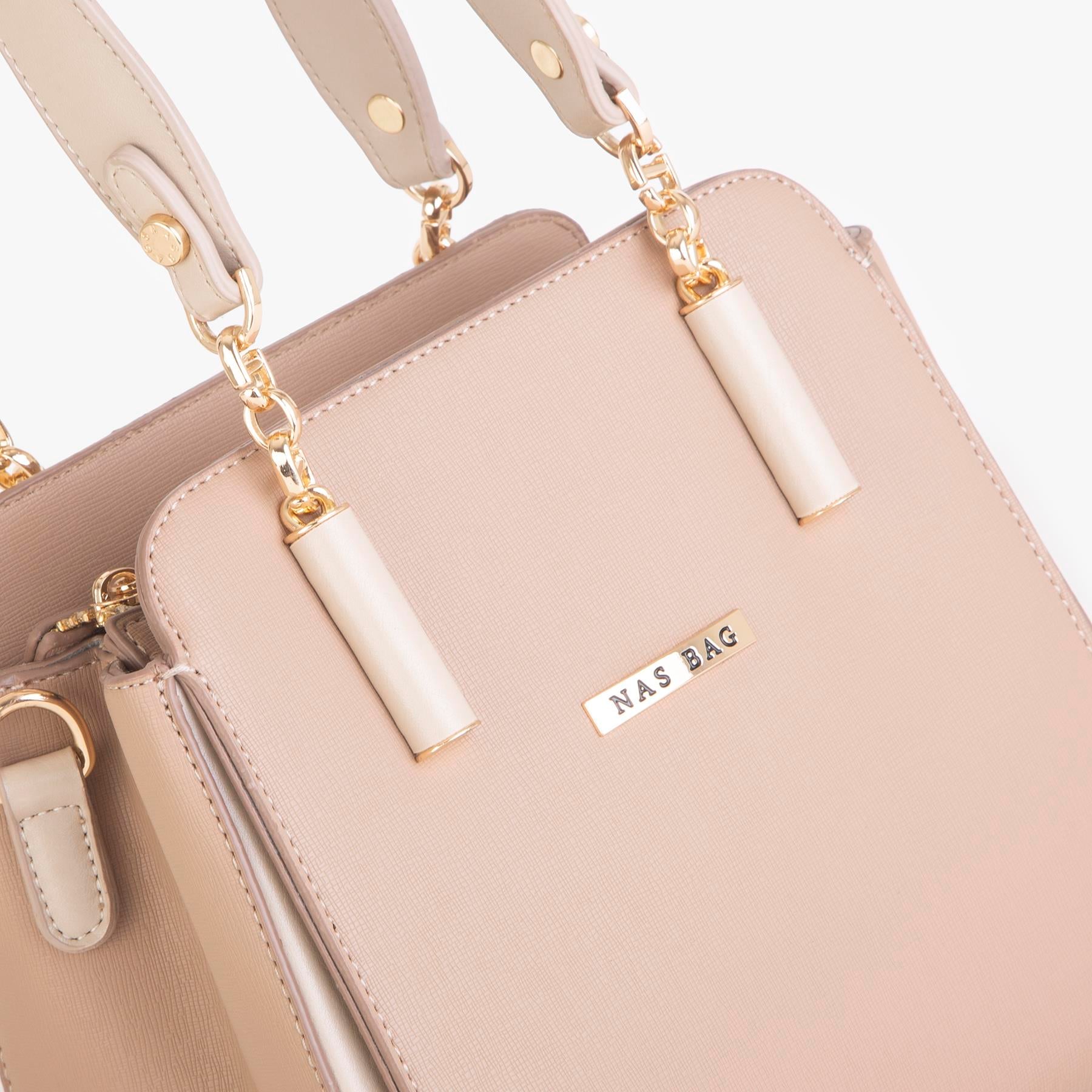 Nas Bag Kadın Sade ve Şık El ve Omuz Çantası Kum Mngo  (Ölçüsü:24x21x16)