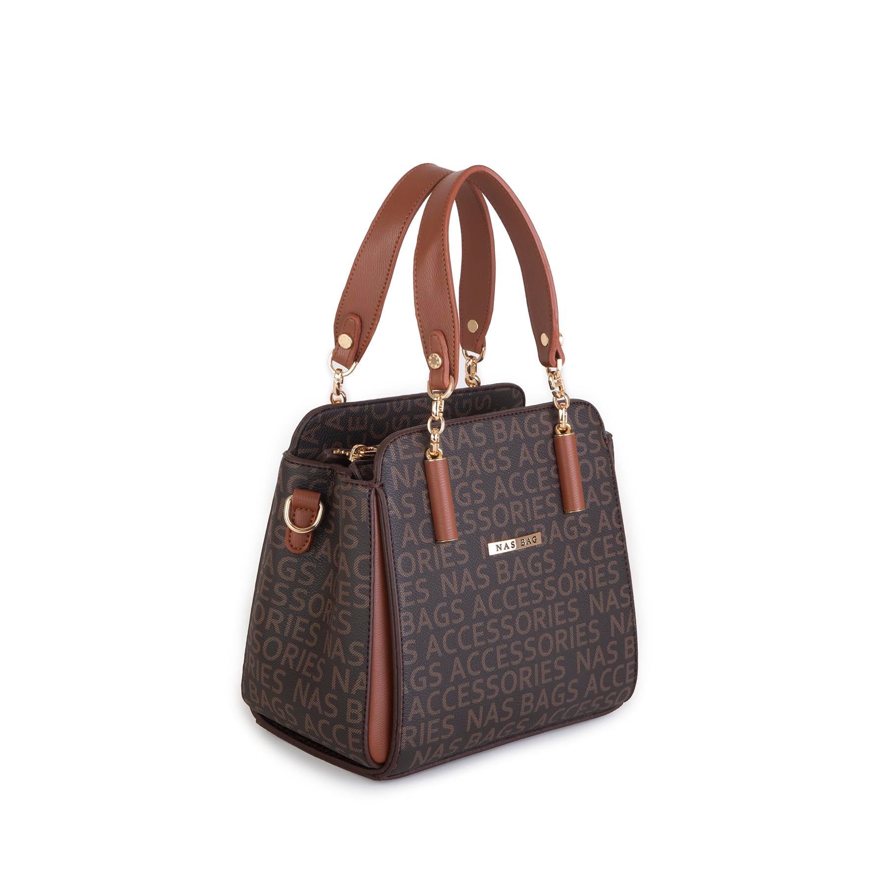 Nas Bag Kadın Sade ve Şık El ve Omuz Çantası Kahve Taba  Yazılı  (Ölçüsü:24x21x16)
