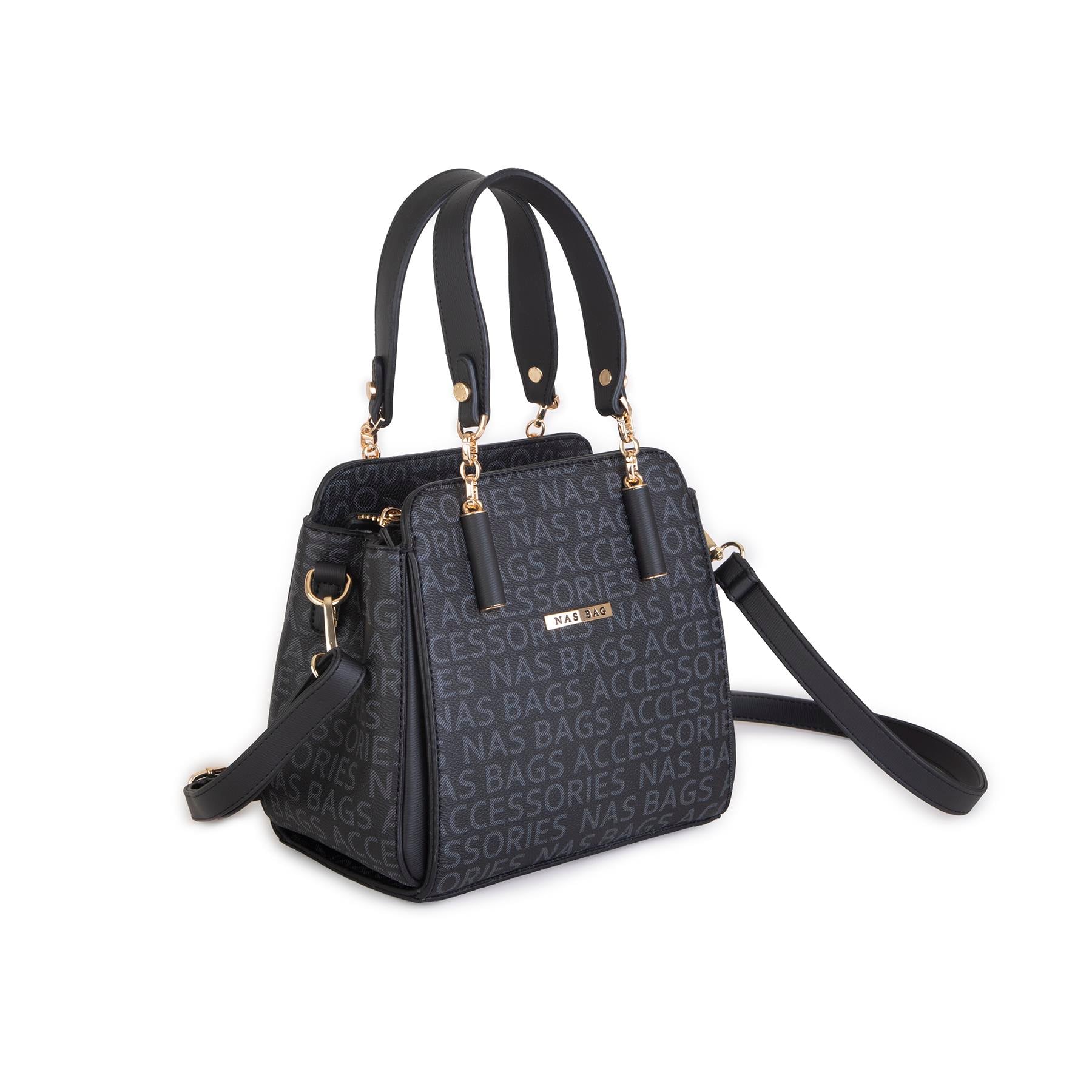 Nas Bag Kadın Sade ve Şık El ve Omuz Çantası Siyah Yazılı  (Ölçüsü:24x21x16)