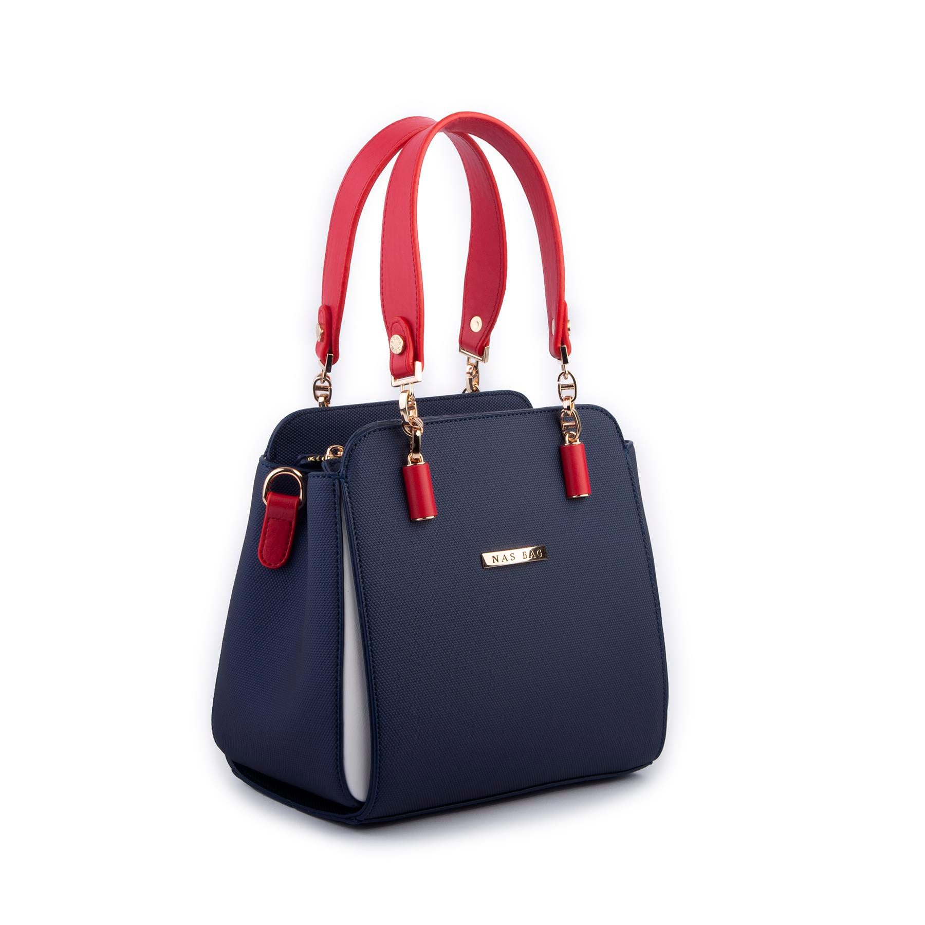 Nas Bag Kadın Sade ve Şık El ve Omuz Çantası Lacivert Kırmızı Beyaz  Lacst  (Ölçüsü:24x21x16)