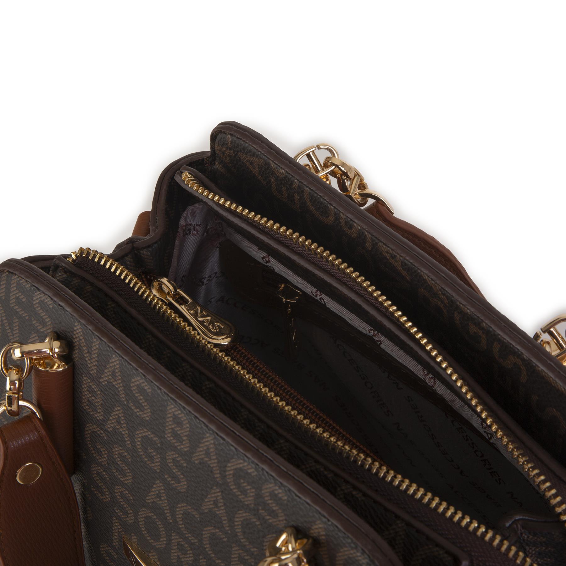 Nas Bag Kadın Sade ve Şık El ve Omuz Çantası Kahve Taba  Yazılı  (Ölçüsü:24x21x16)