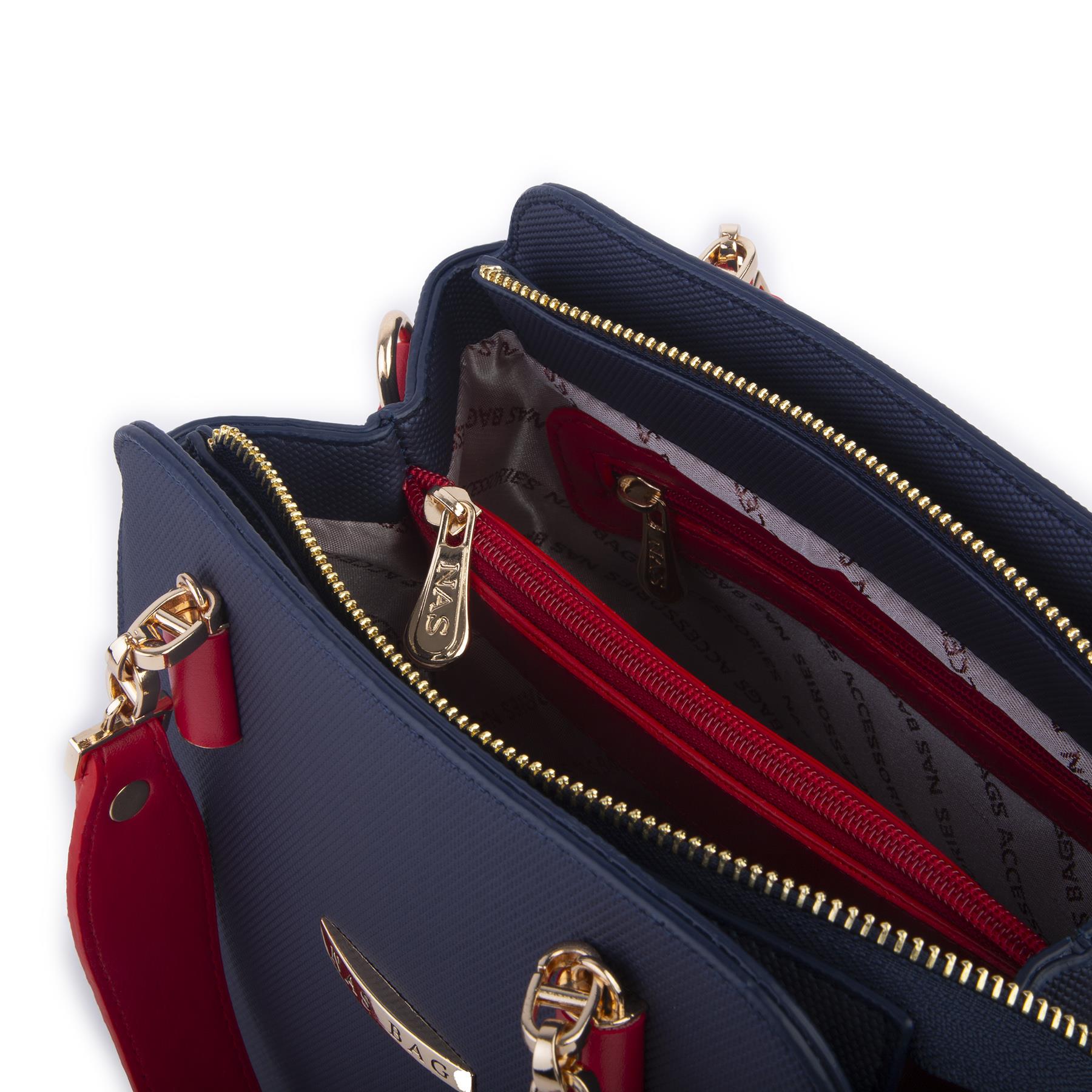 Nas Bag Kadın Sade ve Şık El ve Omuz Çantası Lacivert Kırmızı  Lacst  (Ölçüsü:24x21x16)