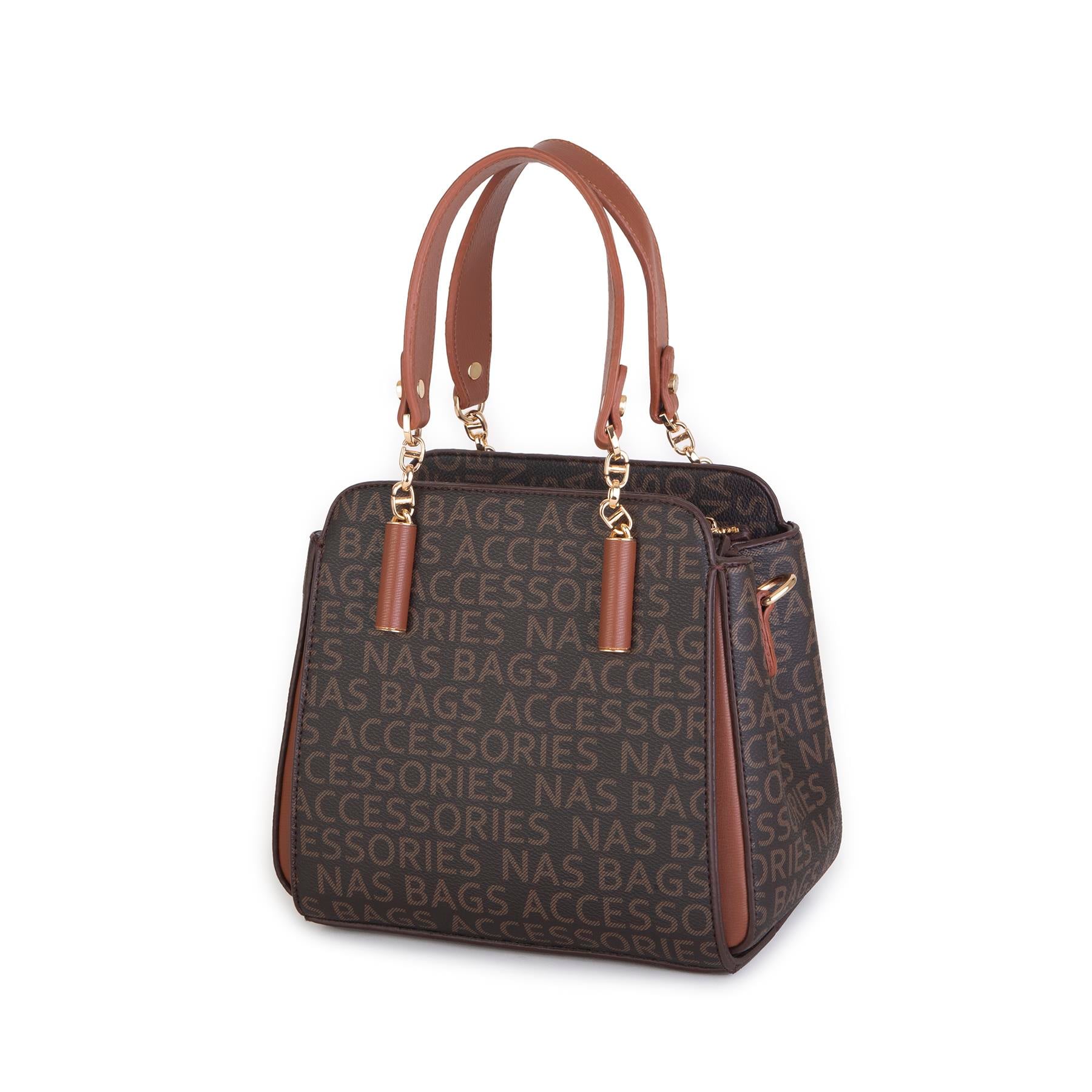 Nas Bag Kadın Sade ve Şık El ve Omuz Çantası Kahve Taba  Yazılı  (Ölçüsü:24x21x16)