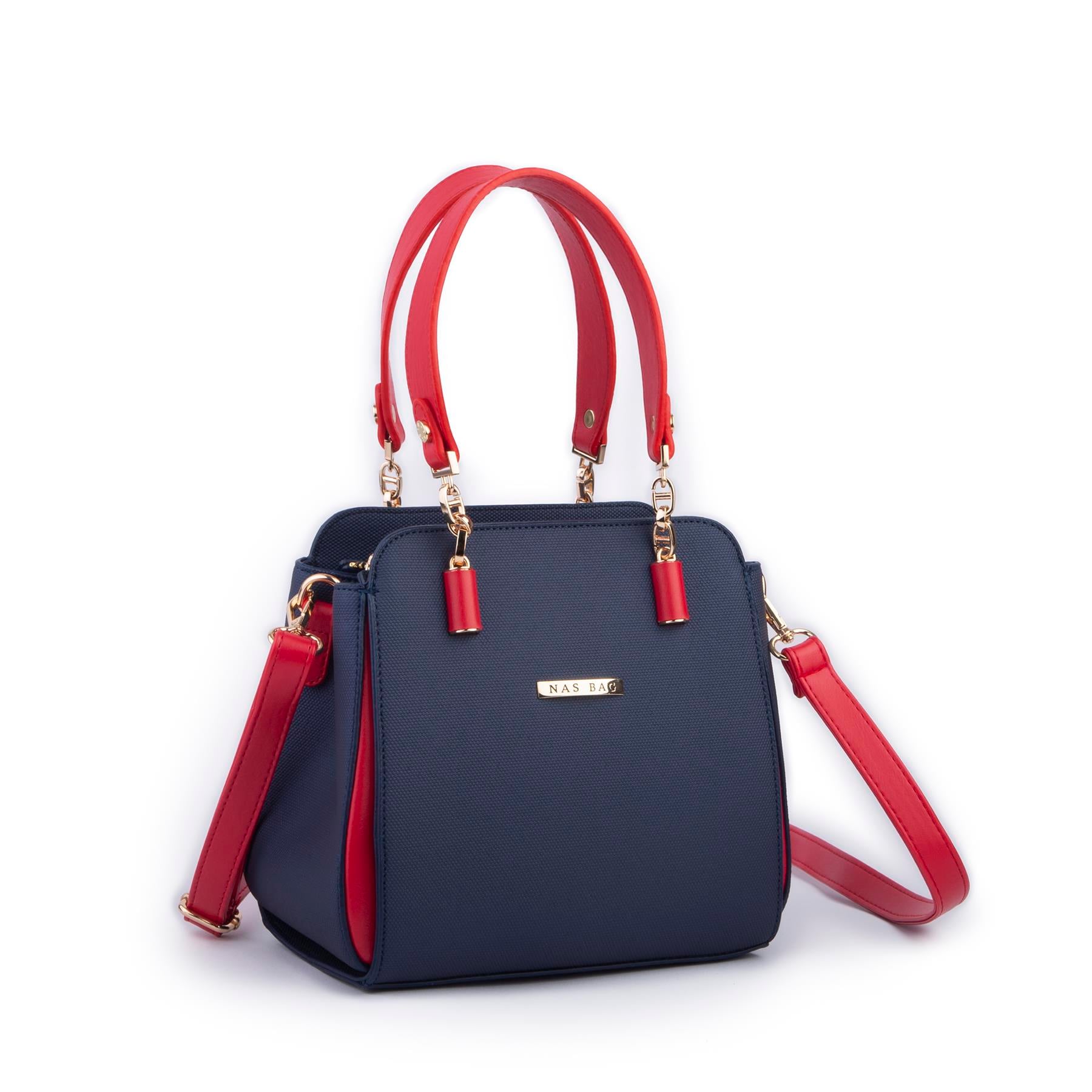 Nas Bag Kadın Sade ve Şık El ve Omuz Çantası Lacivert Kırmızı  Lacst  (Ölçüsü:24x21x16)
