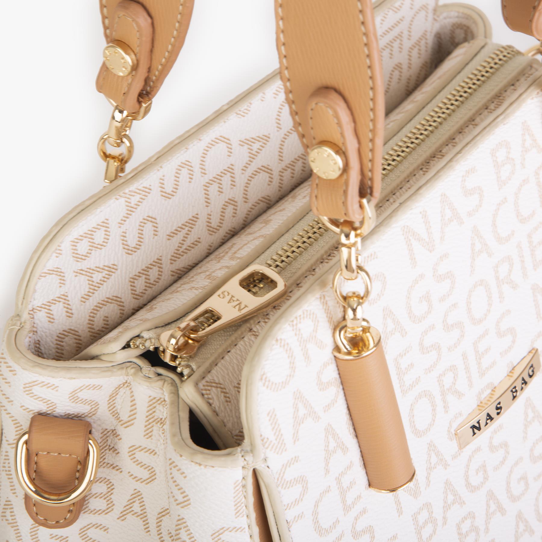 Nas Bag Kadın Sade ve Şık El ve Omuz Çantası Krem Camel Yazılı  (Ölçüsü:24x21x16)